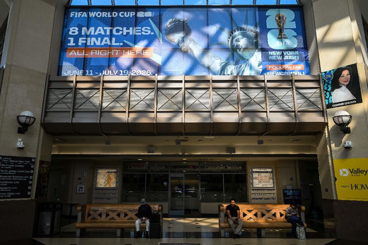 A banner for the FIFA World Cup at Secaucus Junction station in New Jersey, on April 17.