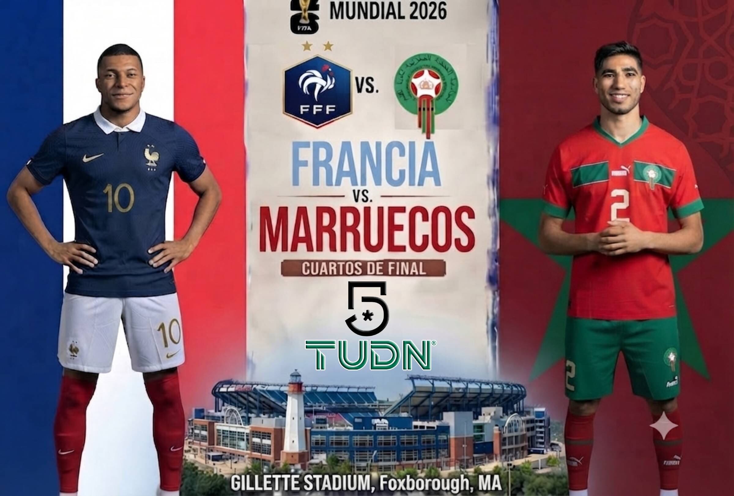 FOXBOROUGH, MASSACHUSETTS, (ESTADOS UNIDOS), 09/07/2026.- Canal 5 y TUDN transmitirán EN VIVO el partido de Francia vs. Marruecos por los cuartos de final del Mundial 2026 en el Gillette Stadium (Boston Stadium) en Foxborough, Massachusetts, Estados Unidos. FOTO: Imagen creada por Gemini.