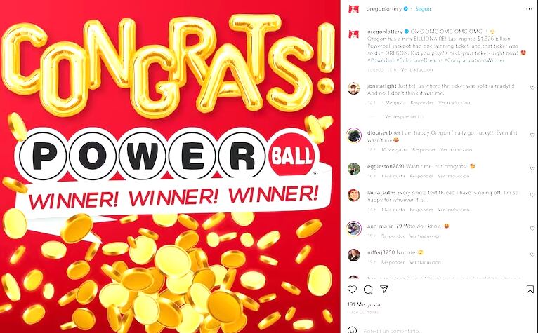 La lotería de Oregon felicitó al ganador del boleto ganador (Foto: Lotería de Oregon / Instagram)