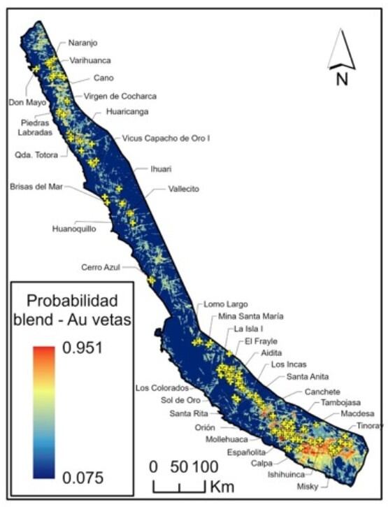 Zonas con potencial aurífero que ha identificado el Ingemmet en la franja costera entre Ancash y Arequipa, con el apoyo de la I.A.
