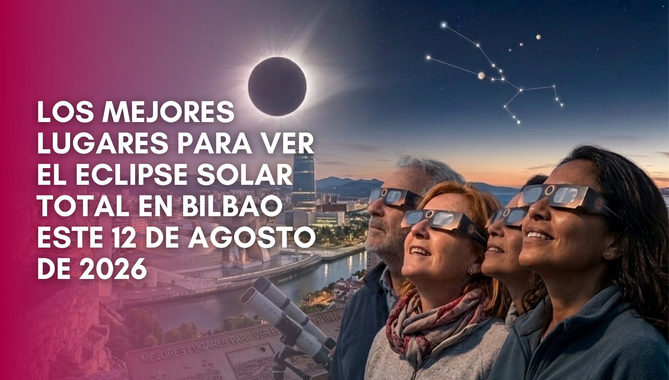 Mirador de Artxanda en Bilbao, uno de los mejores puntos elevados de la ciudad vizcaína para observar con claridad la franja de totalidad del eclipse solar el 12 de agosto de 2026. | Imagen referencial creada por Gestión Mix utilizando la IA de Gemini / Composición GEC