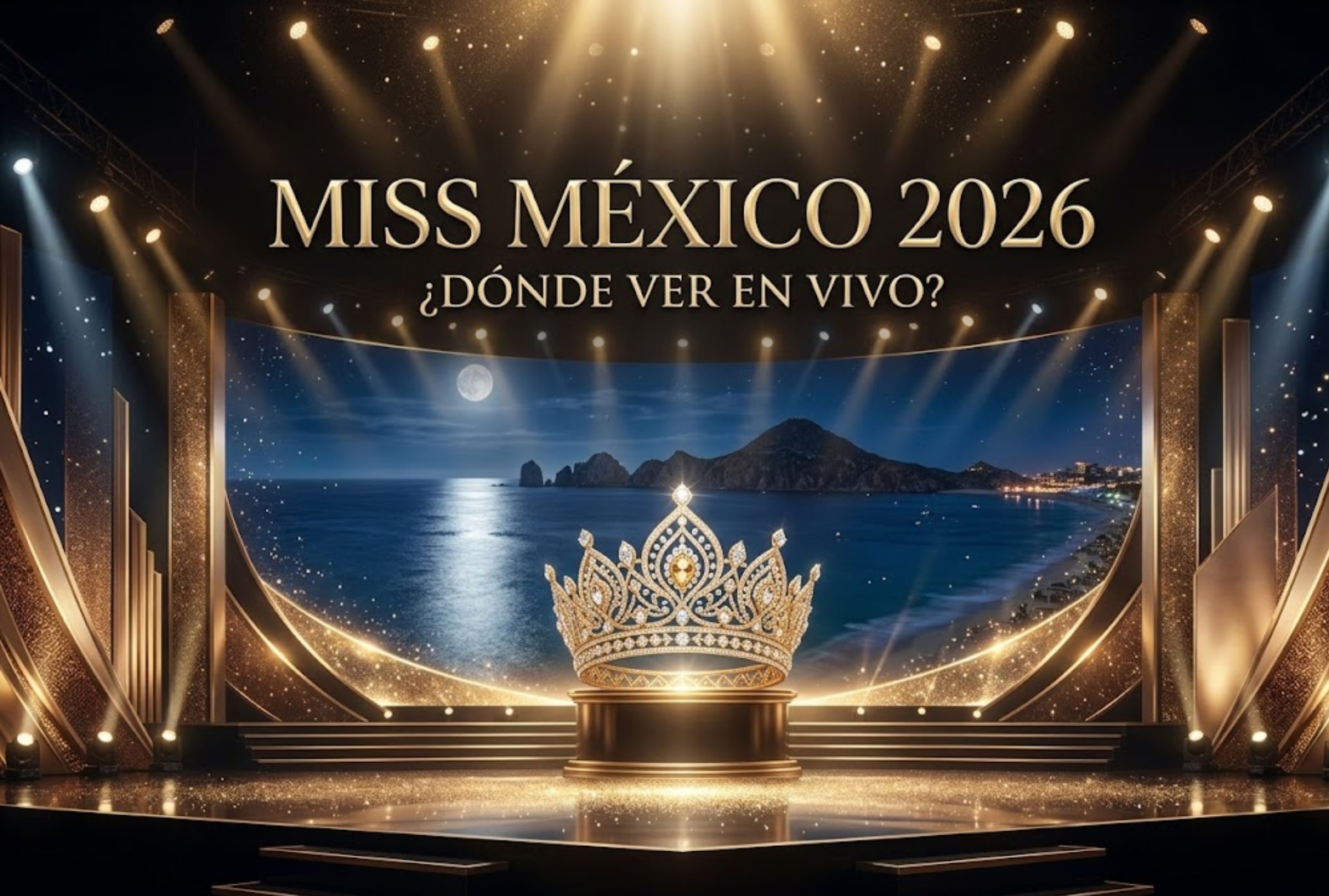 LOS CABOS, BAJA CALIFORNIA SUR, MÉXICO. Revisa dónde ver EN VIVO y ONLINE la gala final de Miss México 2026 que se realizará en Los Cabos en Baja California. FOTO: Imagen creada por la IA de Gemini.