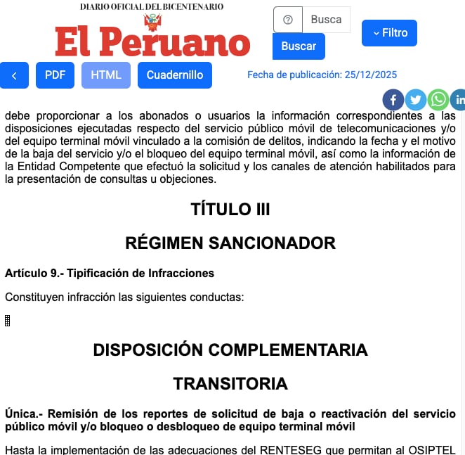 El régimen sancionador de la normativa emitida por el Osiptel aparece vacío en la publicación del 25 de diciembre. Foto: El Peruano.
