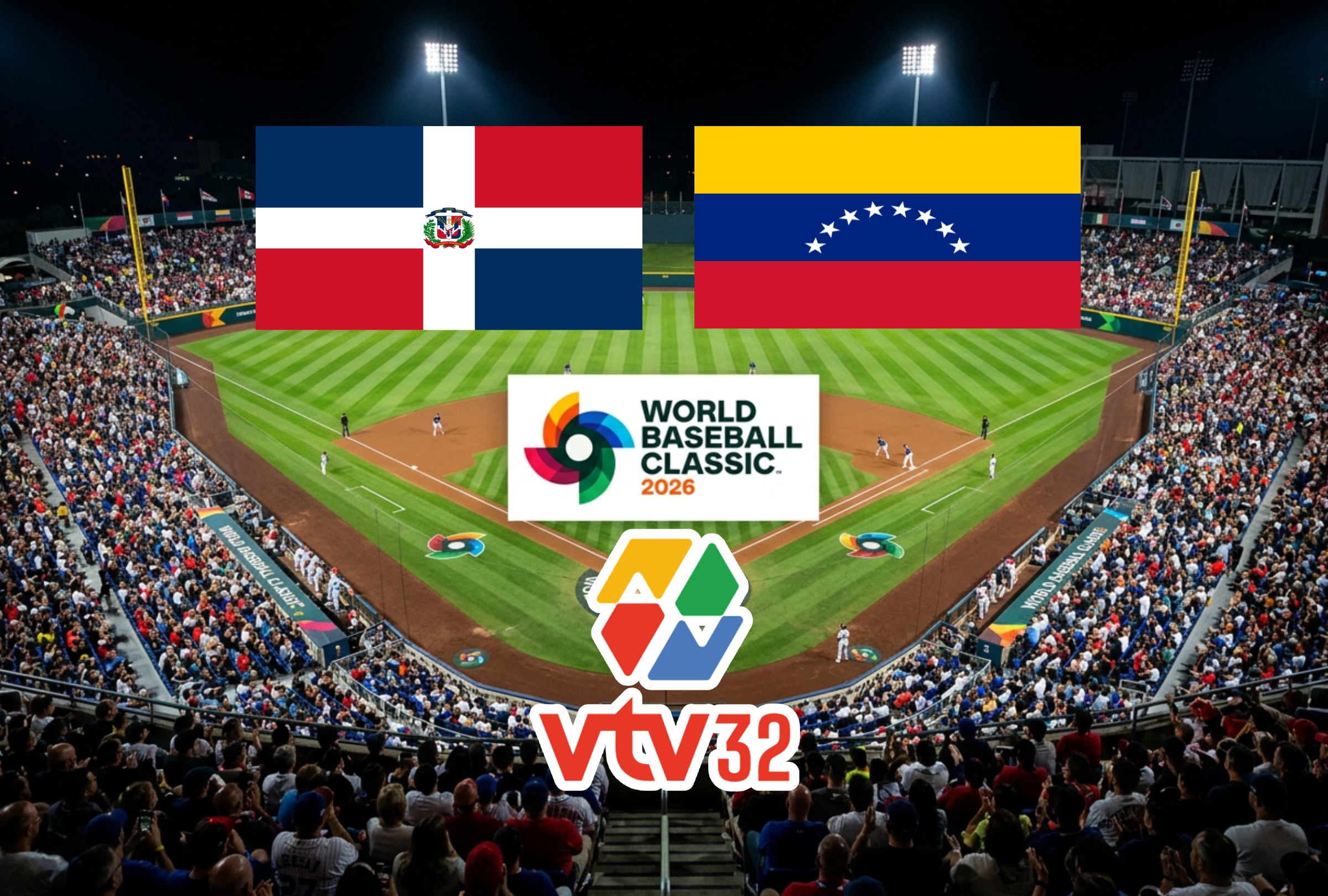 MIAMI, FLORIDA (ESTADOS UNIDOS), 11/03/2026.- Cobertura oficial de VTV Canal 32 EN VIVO GRATIS para ver el juego entre República Dominicana y Venezuela este miércoles 11 de marzo por la quinta entrada del Grupo D en el Clásico Mundial de Béisbol 2026 desde Miami, Florida. FOTO DE NOÉ YACTAYO CREADA CON PERPLEXITY AI PARA GESTIÓN MIX