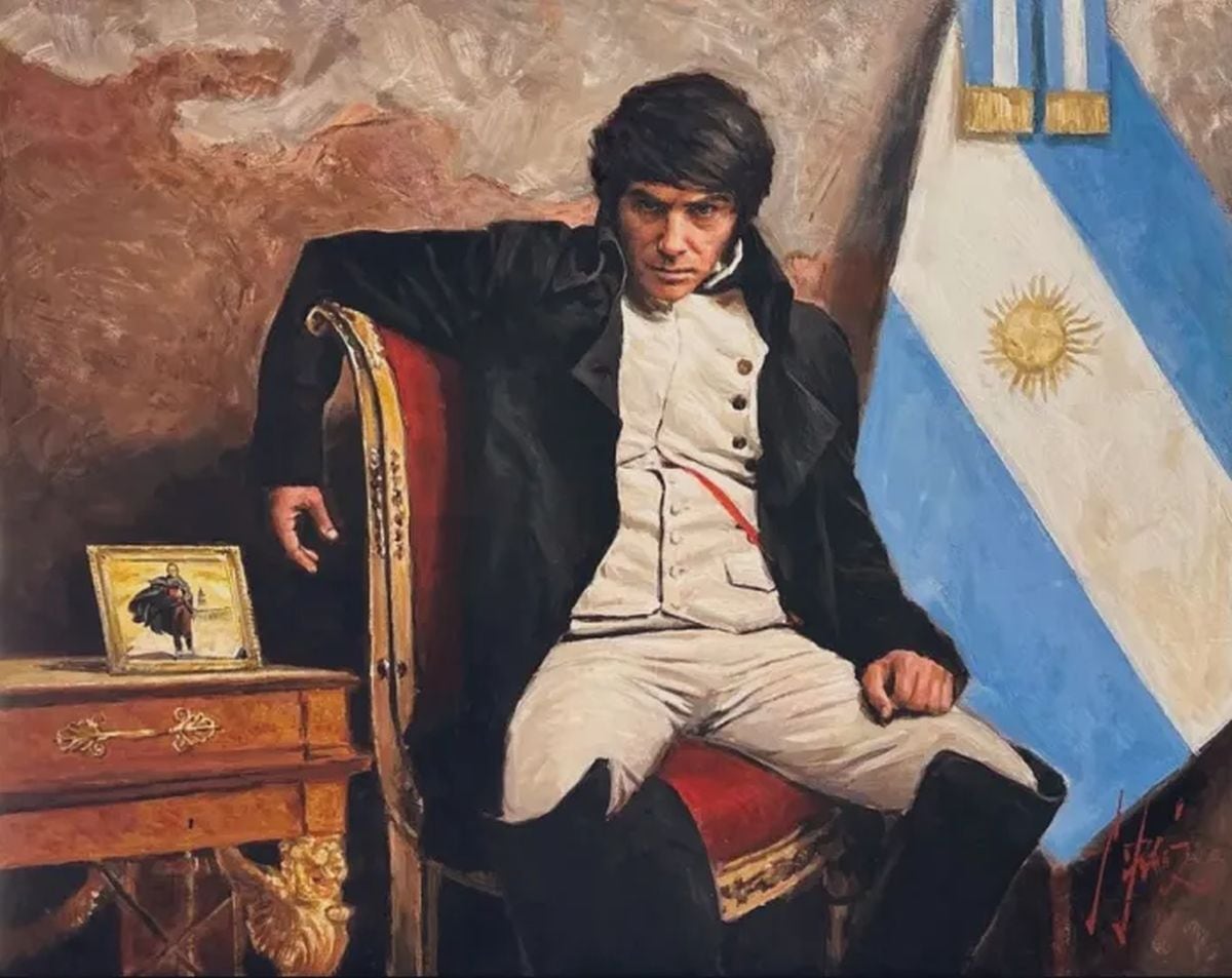 En la imagen, similar a un lienzo al óleo, aparece el mandatario libertario sentado en un sillón y con el brazo apoyado sobre el respaldo de su asiento junto a una gran bandera de Argentina. (Foto: difusión)