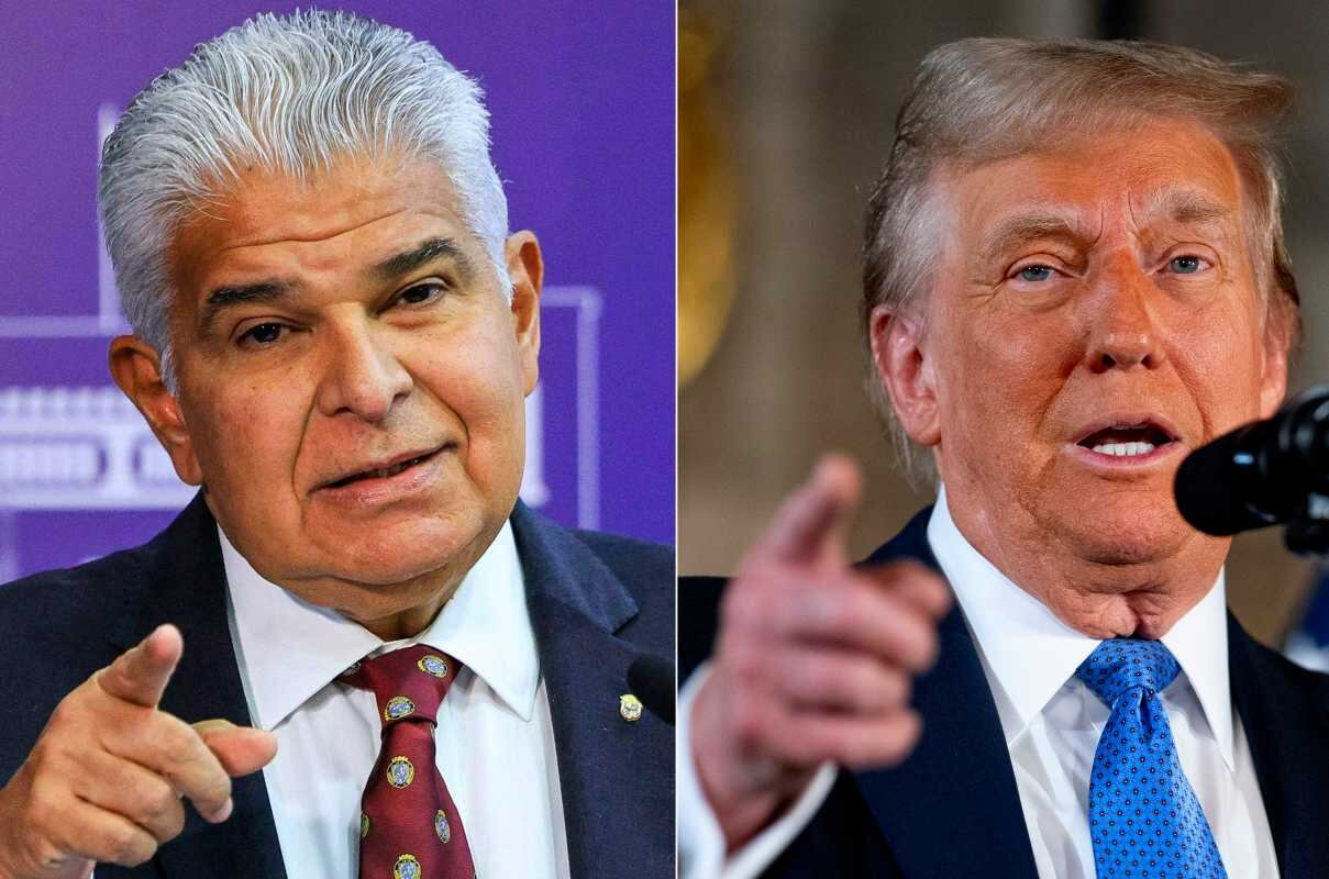 Esta combinación de imágenes de archivo creadas el 22 de diciembre de 2024 muestra una fotografía difundida por la Presidencia panameña del presidente José Raúl Mulino (izq.) hablando durante una conferencia de prensa en el palacio de gobierno de Las Garzas en la Ciudad de Panamá, el 3 de octubre de 2024 y el presidente electo de los Estados Unidos, Donald Trump, habla en una conferencia de prensa en el resort Mar-a-Lago de Trump el 16 de diciembre de 2024 en Palm Beach, Florida. Foto: AFP