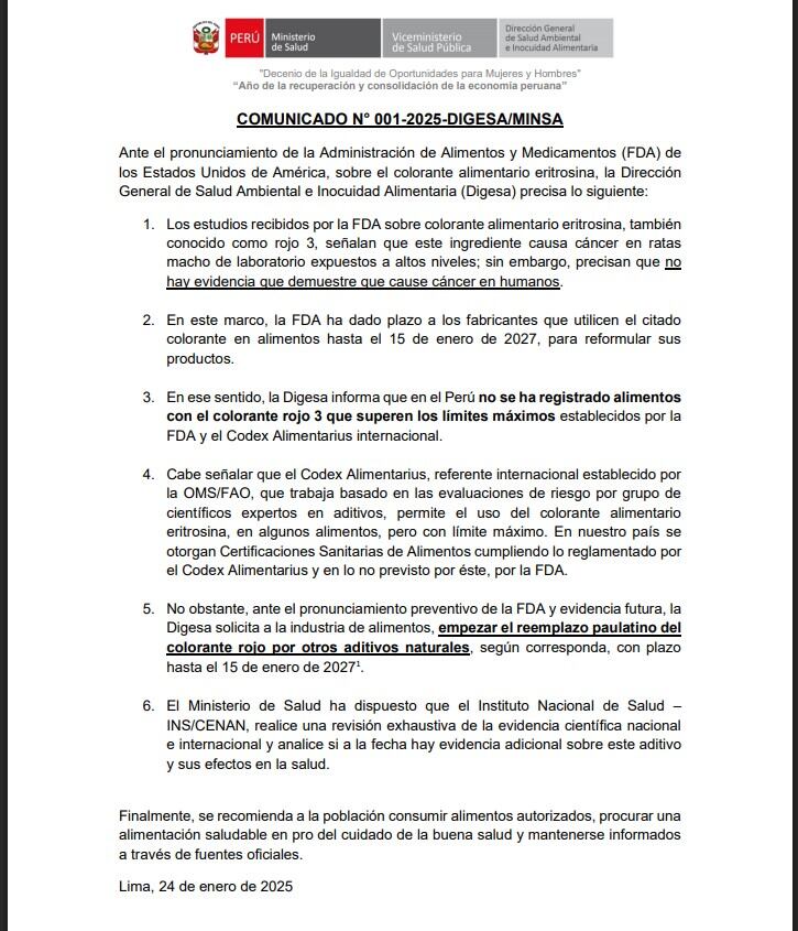 Comunicado Digesa - tartrazina Colorante amarillo