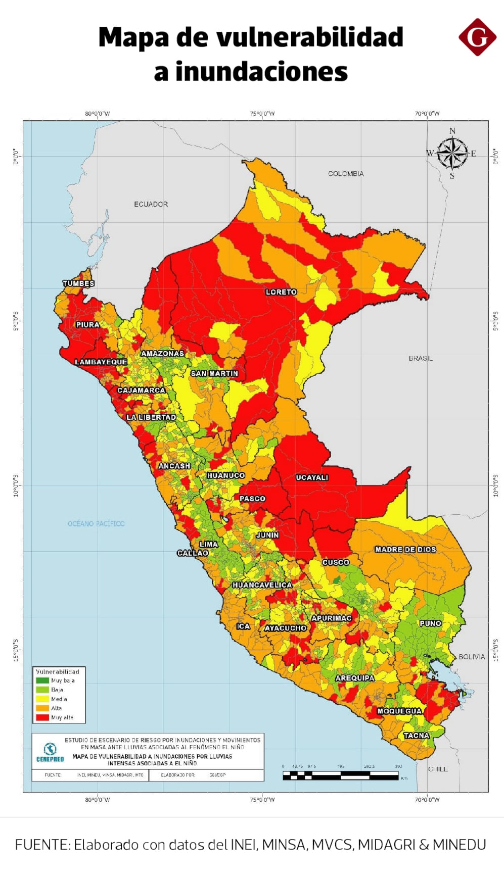 Mapa de vulnerabilidad para el próximo verano. | Fuente: informe de Cenepred