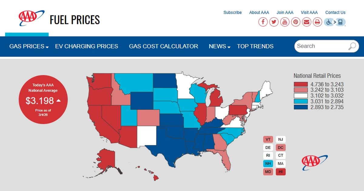 Mapa interactivo para ver cuánto subió el costo de un galón desde el lunes en cada estado y cómo se compara el precio actual (Foto: AAA)