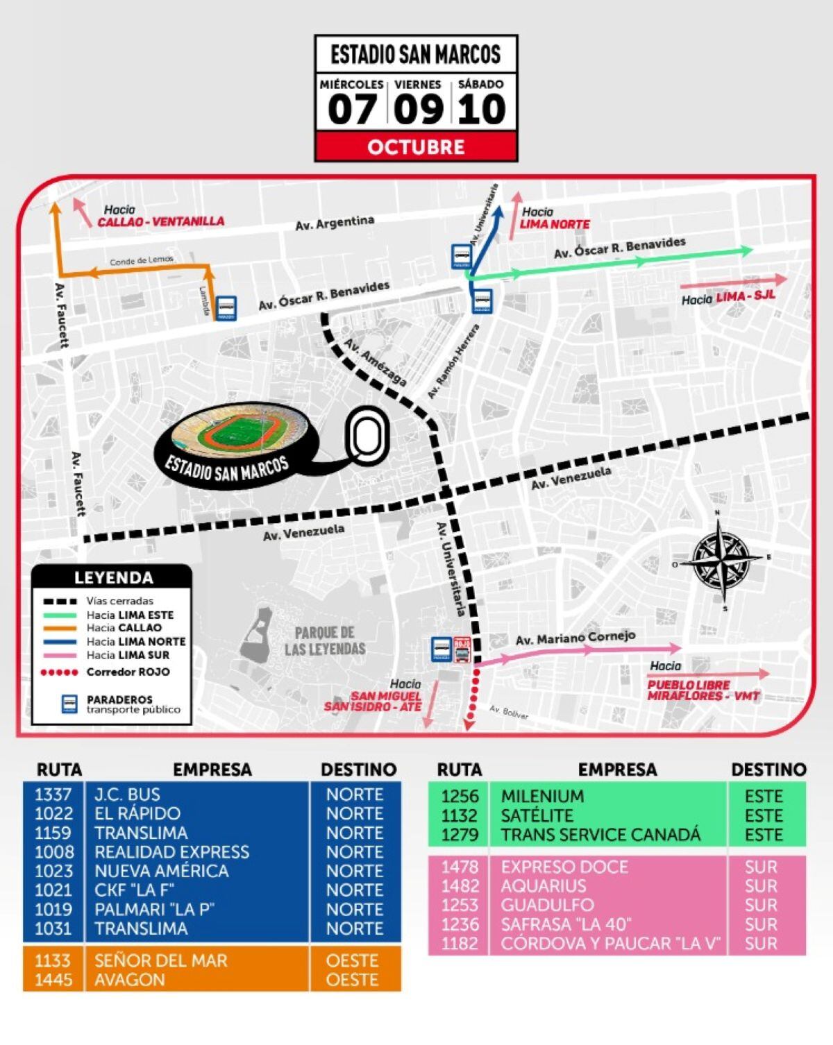 Los servicios cubrirán rutas hacia Lima Norte, Lima Este, Lima Sur y Callao, además del Corredor Rojo, desde cuatro puntos de embarque habilitados en los alrededores del Estadio San Marcos. Foto: ATU.