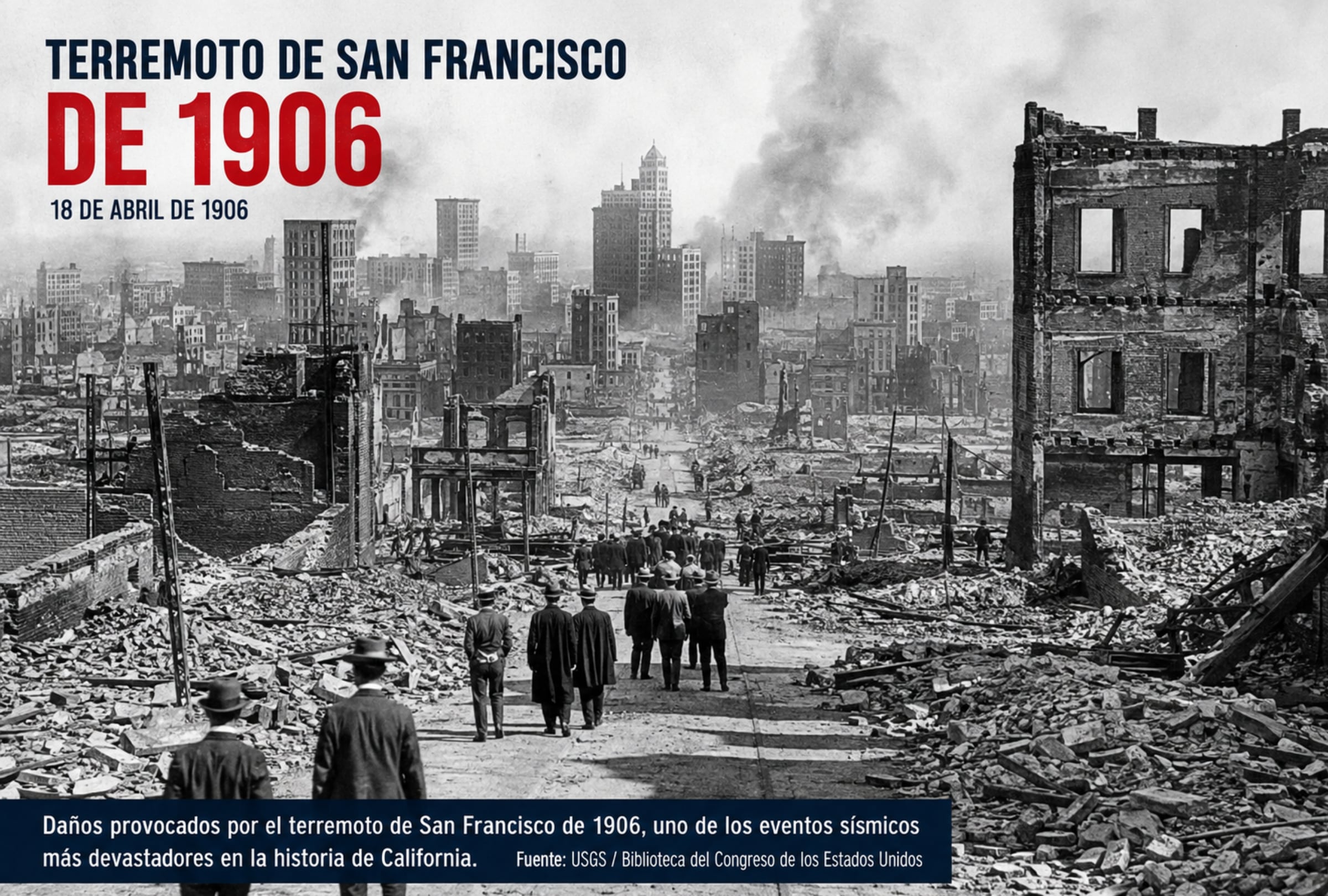 El terremoto de San Francisco de 1906 dejó gran parte de la ciudad en ruinas y se convirtió en uno de los eventos sísmicos más devastadores de la historia de California. La imagen muestra los daños registrados tras el desastre. FOTO DE USGS / Biblioteca del Congreso de los Estados Unidos