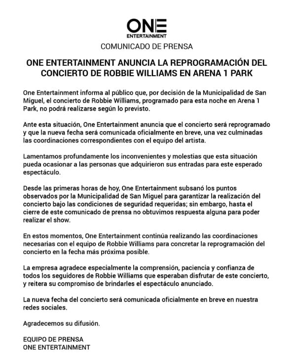 One Entertainment informó que el show previsto para este miércoles 24 de setiembre no se realizará tras la decisión de la Municipalidad de San Miguel. La organizadora continúa las coordinaciones con el equipo del artista.