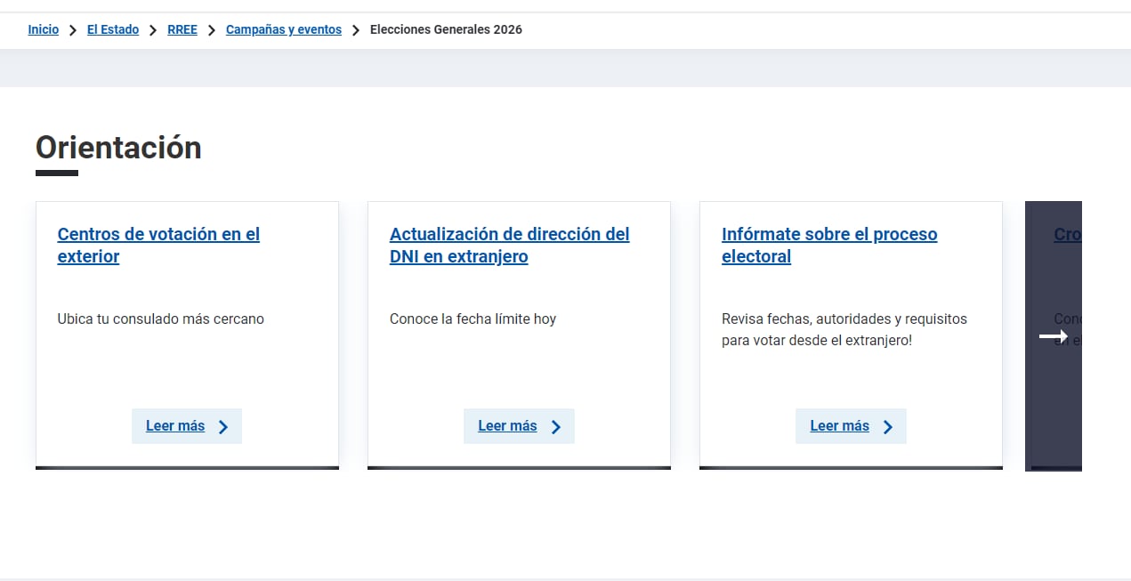 La plataforma de la Cancillería ofrece orientación para los peruanos residentes en el exterior, que deberán votar en las Elecciones 2026. Foto: Captura.