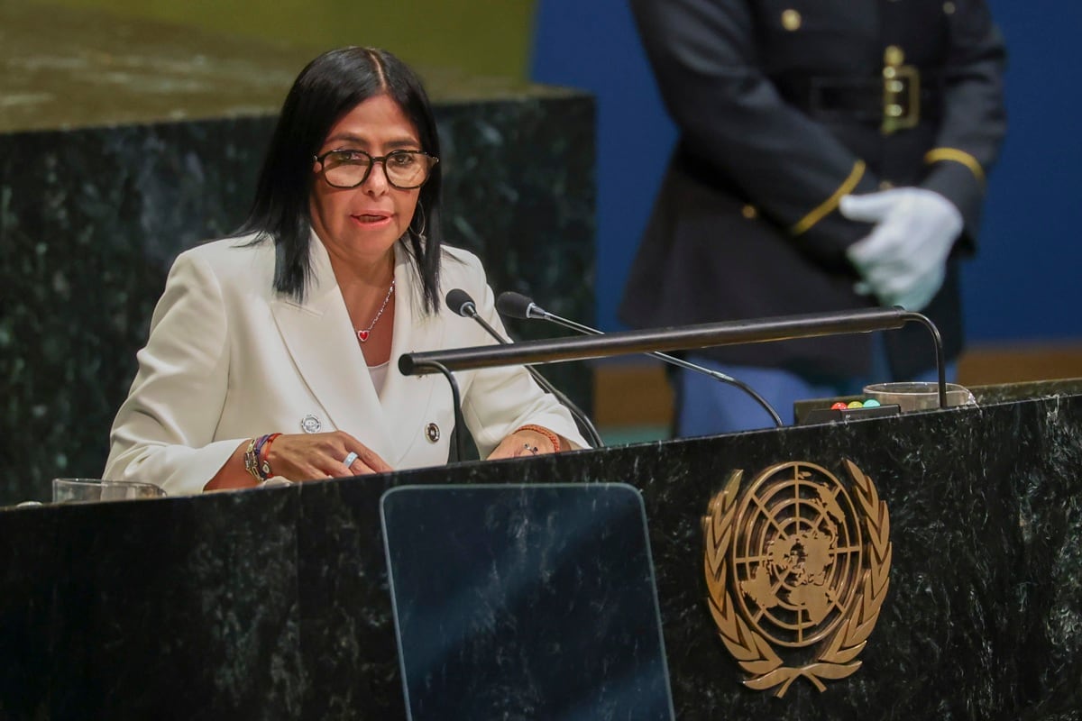 La presidenta interina de Venezuela, Delcy Rodríguez, interviene durante la 81.º Asamblea General de las Naciones Unidas en la sede de la ONU en Nueva York, Estados Unidos, el 23 de septiembre de 2026. (EFE/EPA/SARAH YENESEL)