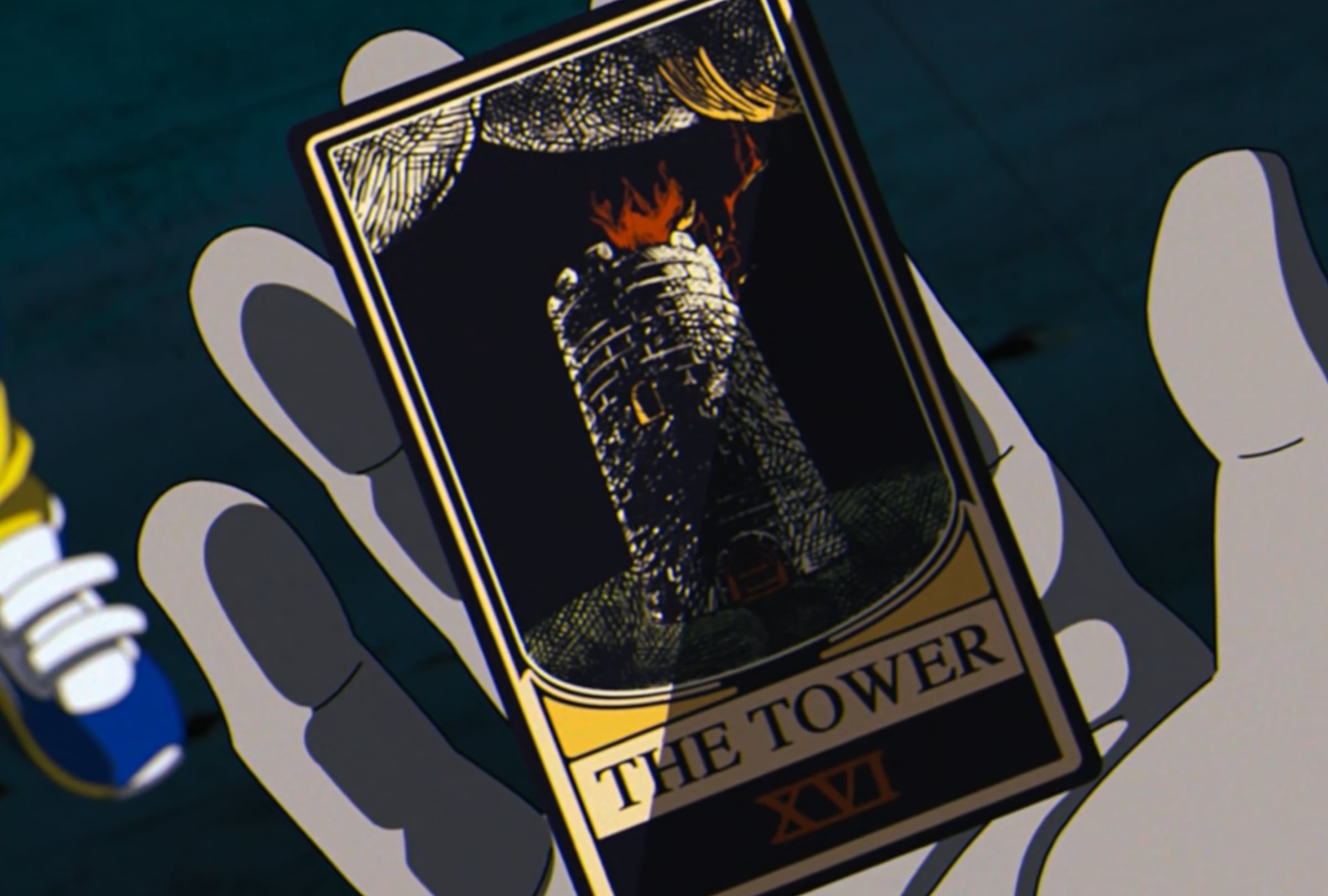 La carta de La Torre (The Tower), correspondiente al Arcano Mayor número XVI del tarot, tal como aparece en una escena de la serie animada "X-Men '97" (Foto: Marvel Animation / The Walt Disney Company)