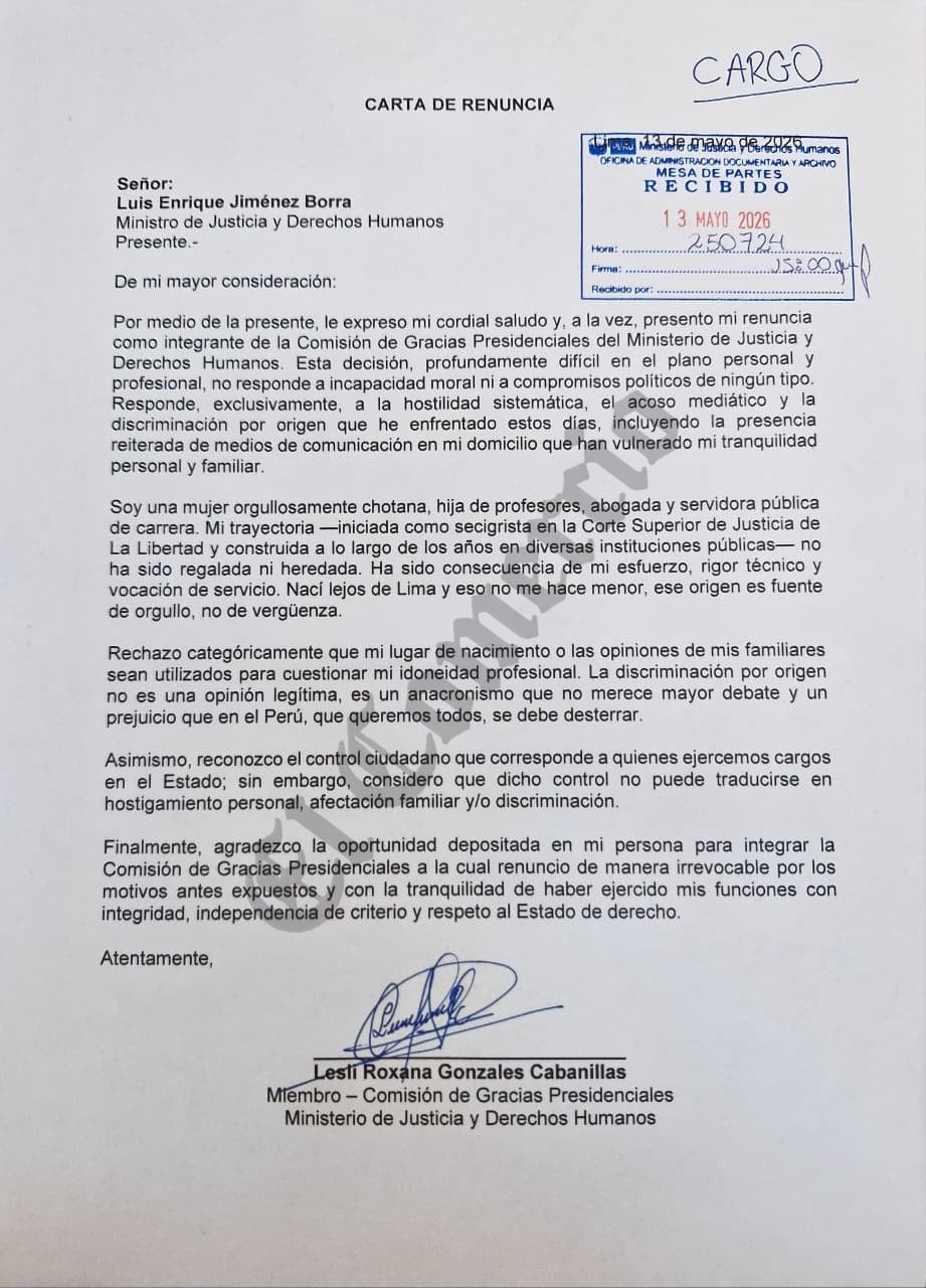 Carta de renuncia de Lesli Gonzales a la Comisión de Gracias Presidenciales. Foto: El Comercio