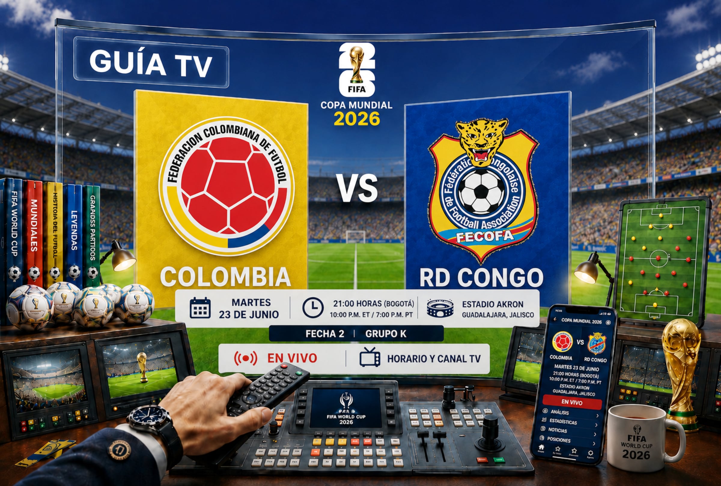 HOUSTON, TEXAS (ESTADOS UNIDOS), 23/06/2026.- Lista de horarios y canales de televisión en diferentes países del mundo para ver el partido Colombia vs. RD Congo este martes 23 de junio por la Jornada 2 del grupo K del Mundial 2026 en el NRG Stadium de Houston, Texas. FOTO DE NOÉ YACTAYO