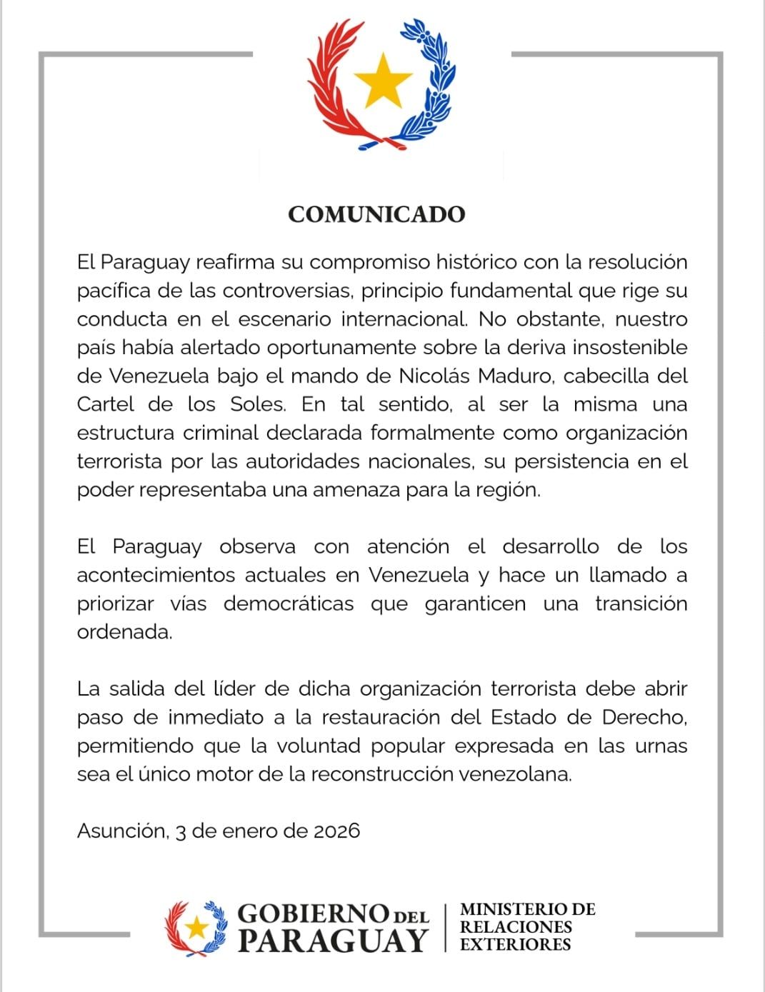 Comunicado del gobierno de Paraguay sobre la captura de Nicolás Maduro, a quien llama "cabecilla del Cártel de los Soles". Foto: X.