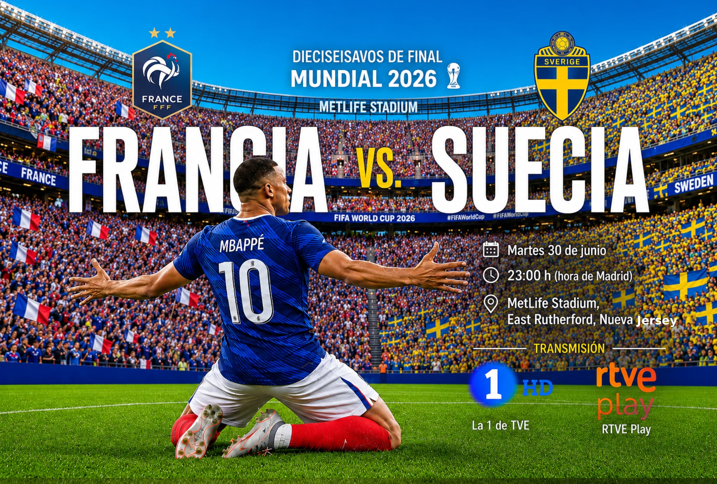 EAST RUTHERFORD, NUEVA JERSEY (ESTADOS UNIDOS), 30/06/2026.- Cobertura oficial de RTVE Play Mundial y Canal La1 HD de TVE EN DIRECTO ONLINE para seguir el partido Francia - Suecia hoy, con Kylian Mbappé, por los dieciseisavos de final del Mundial 2026 en el MetLife Stadium de East Rutherford, Nueva Jersey. FOTO DE NOÉ YACTAYO CREADAS CON CHATGPT / GEMINI / GROK