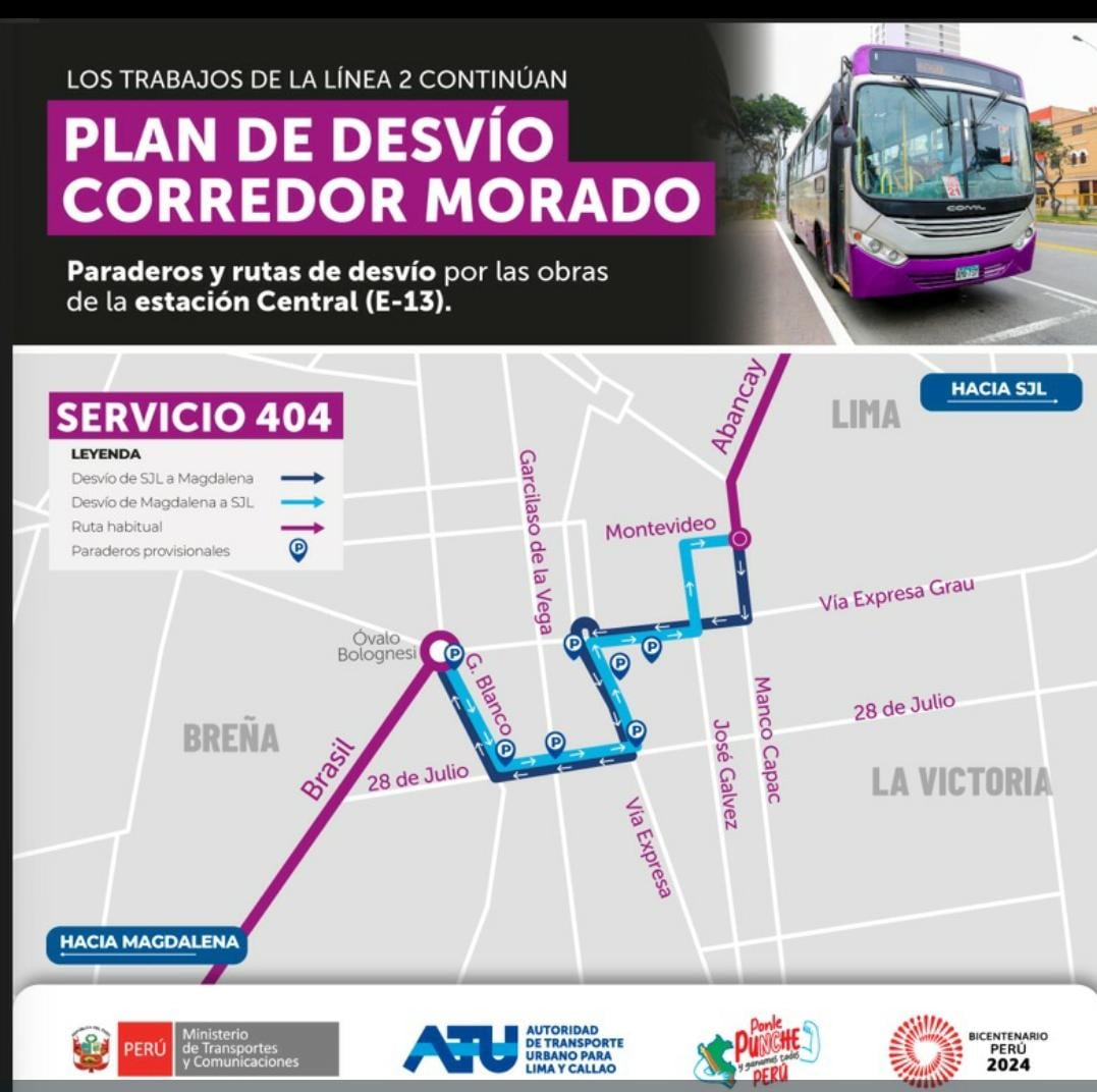 Nuevo recorrido del servicio 404 del Corredor Morado. (Foto: ATU)