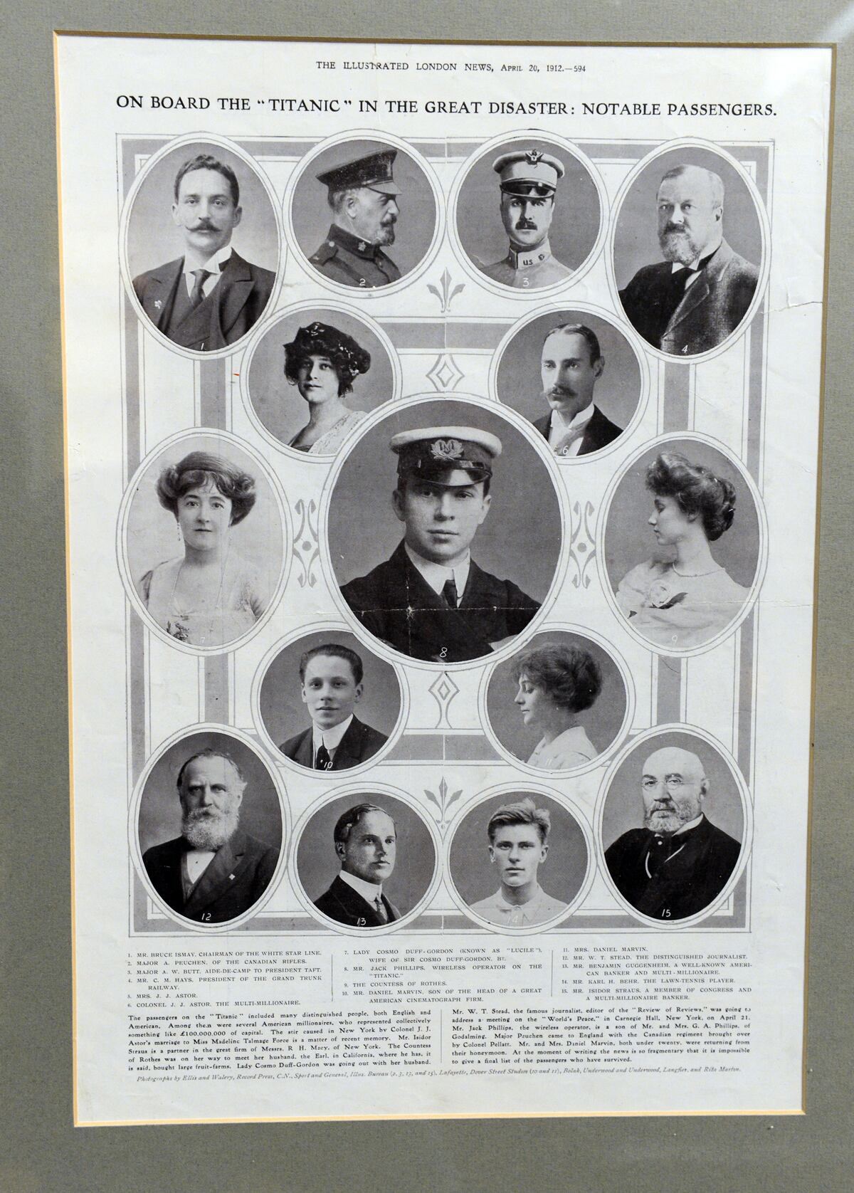 Una página del periódico de "Illustrated London News" que mostraba a algunos de los pasajeros más reconocidos de pasajeron del Titanic (Foto: AFP)