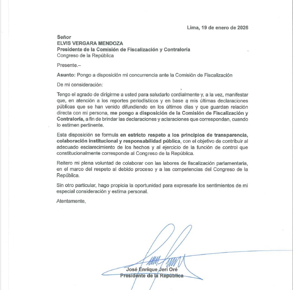Carta de José Jerí a Elvis Vergara, Presidente de la Comisión de Fiscalización.