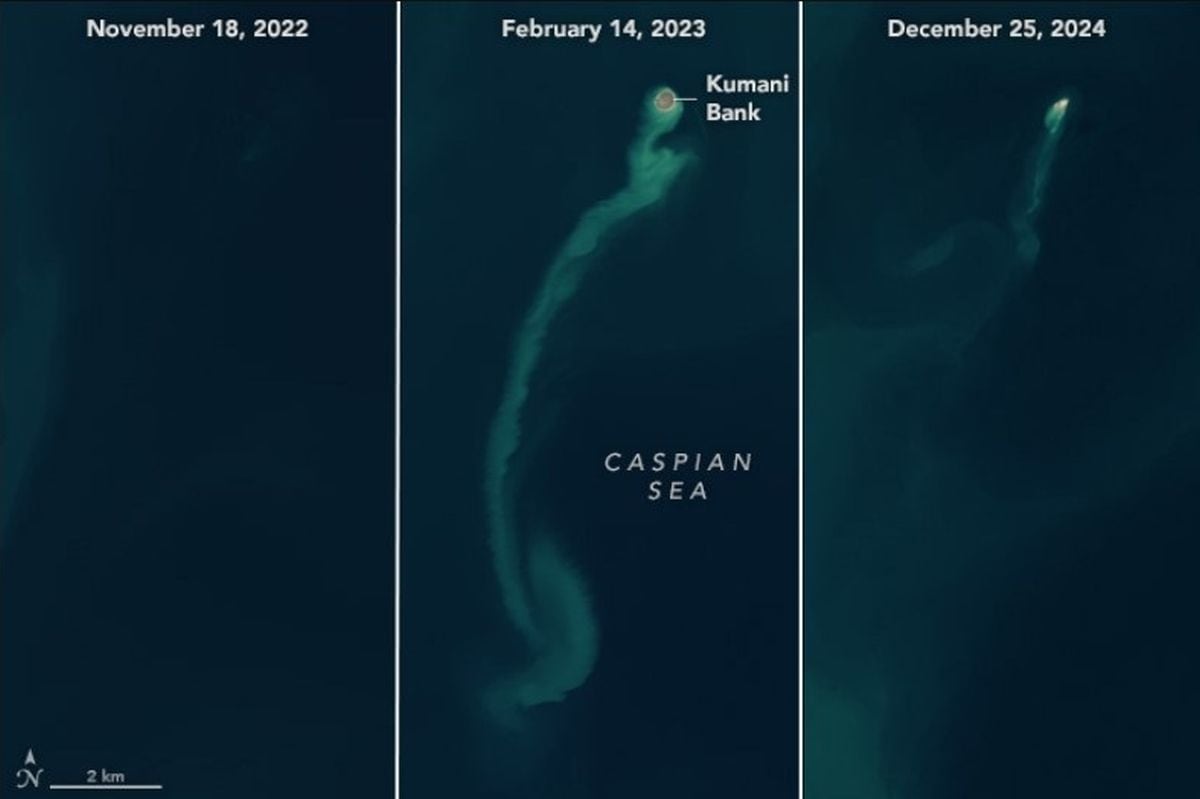 Progresión del volcán de lodo Kumani en el mar Caspio. (Foto: NASA)