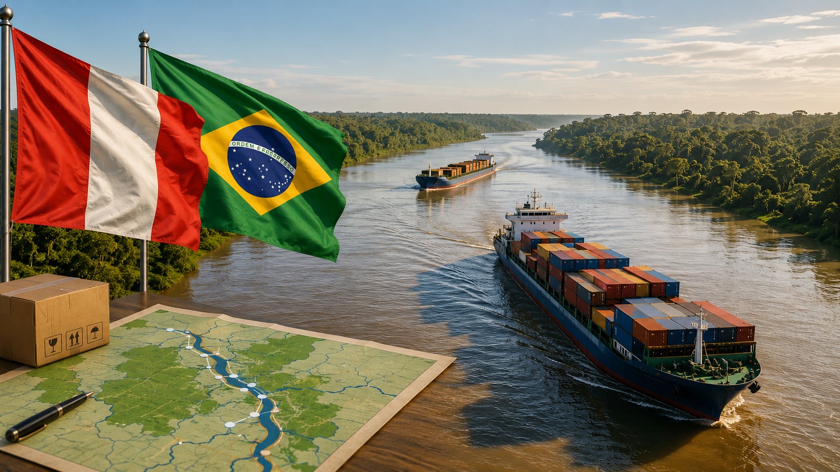 La renovada Hidrovía forma parte del “Eje Norte Amázonico” que aborda la ruta Paita-Yurimaguas-Santa Rosa. Este grupo incluye 35 proyectos APP por US$ 8,700 millones en total. Fotocomposición: ChatGPT, Alessandro Azurín, Diario Gestión.