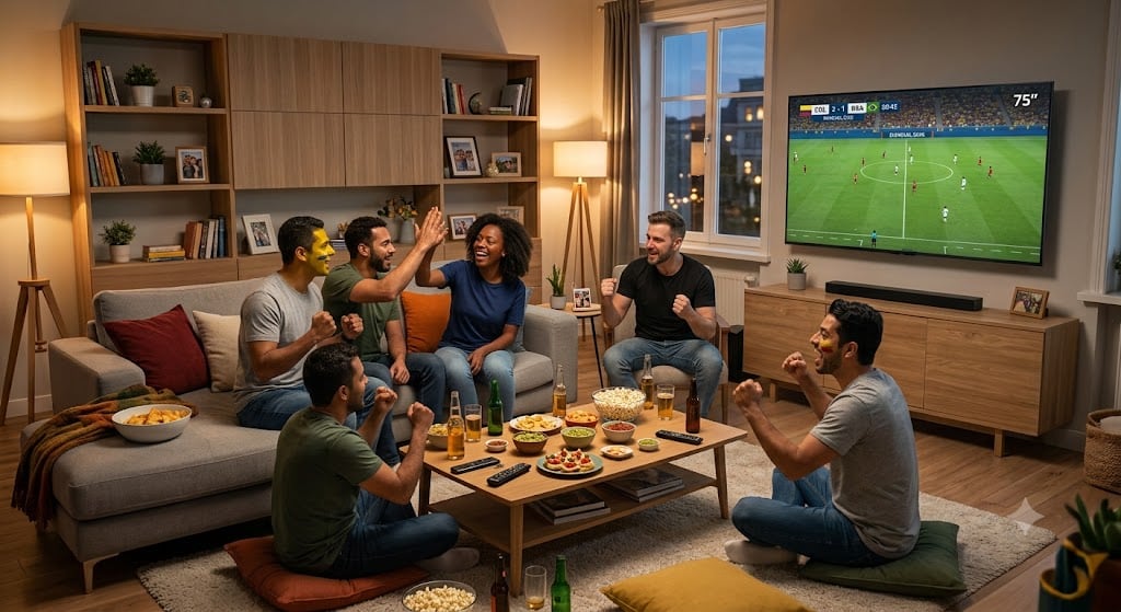 Según la medición de la consultora, el televisor sigue siendo la pantalla principal para ver el campeonato del mundo a través de alguna plataforma como América TvGO, Disney+, Paramount+ y Directv GO. (Foto creada por Gemini)