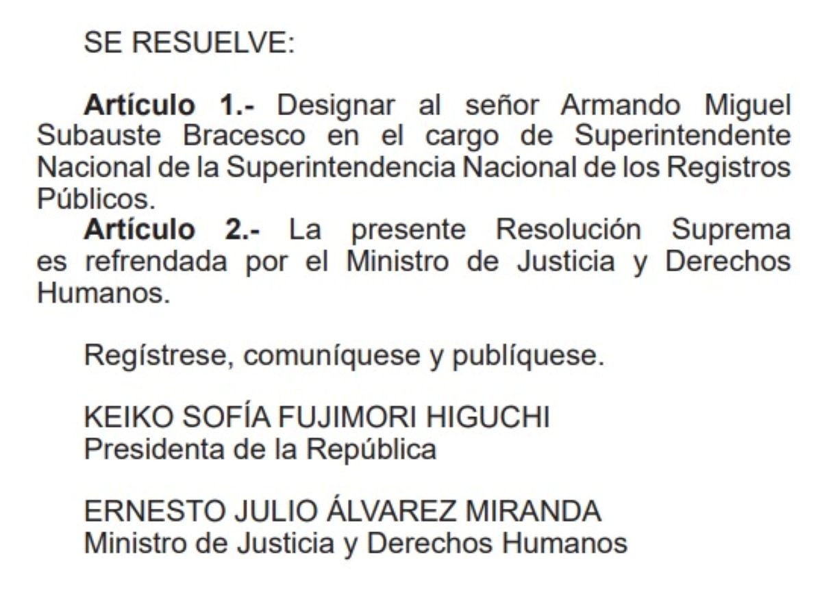 Armando Miguel Subauste Bracesco fue designado como nuevo superintendente nacional de la Sunarp. Foto: Normas Legales del Diario Oficial El Peruano.