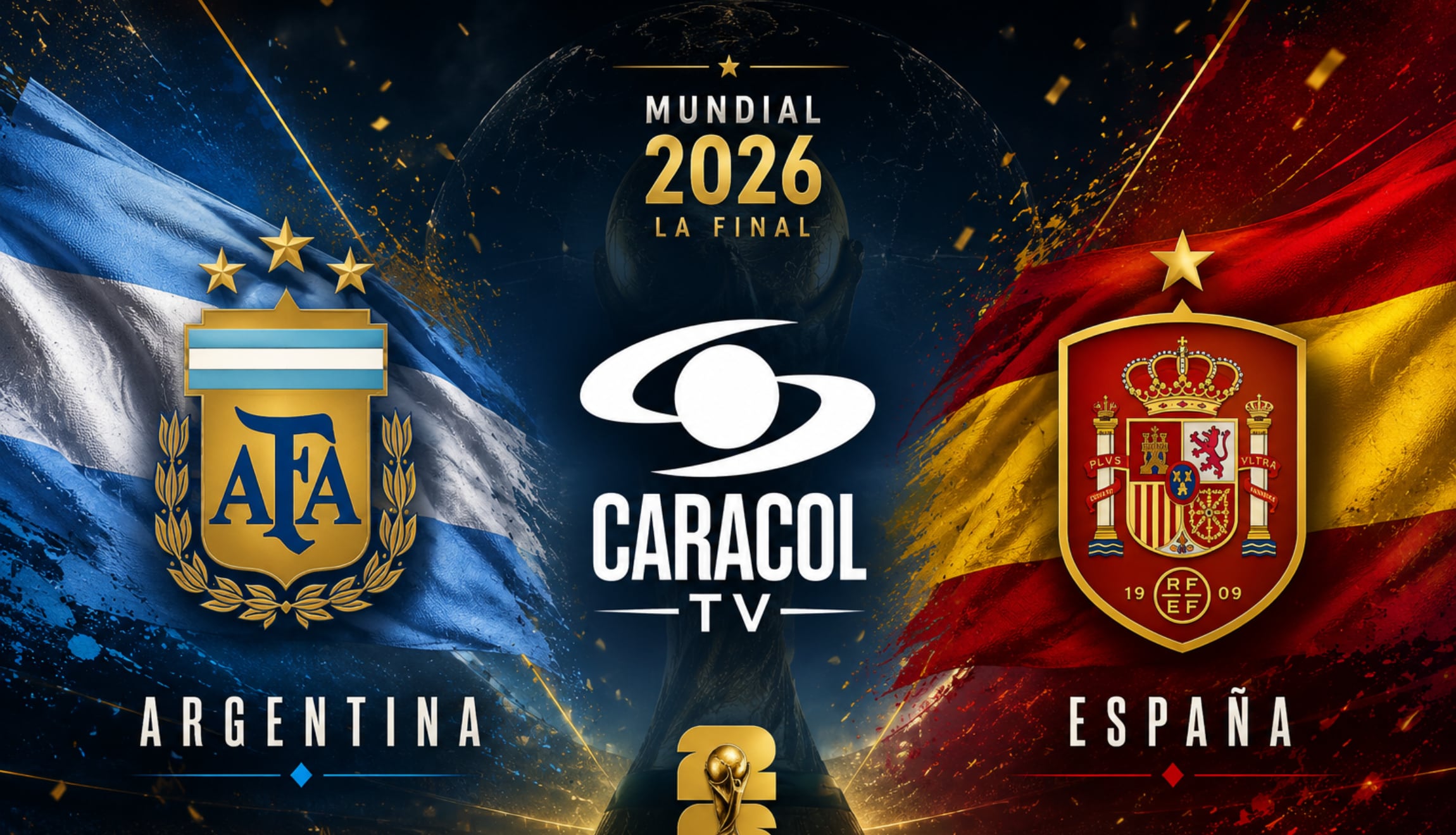 Señal de Caracol TV EN VIVO para seguir la transmisión de Argentina vs. España en directo desde Colombia, este domingo 19 de julio, por la final del Mundial 2026. (Foto: Imagen creada por Gestión Mix utilizando la IA de Chat GPT)
