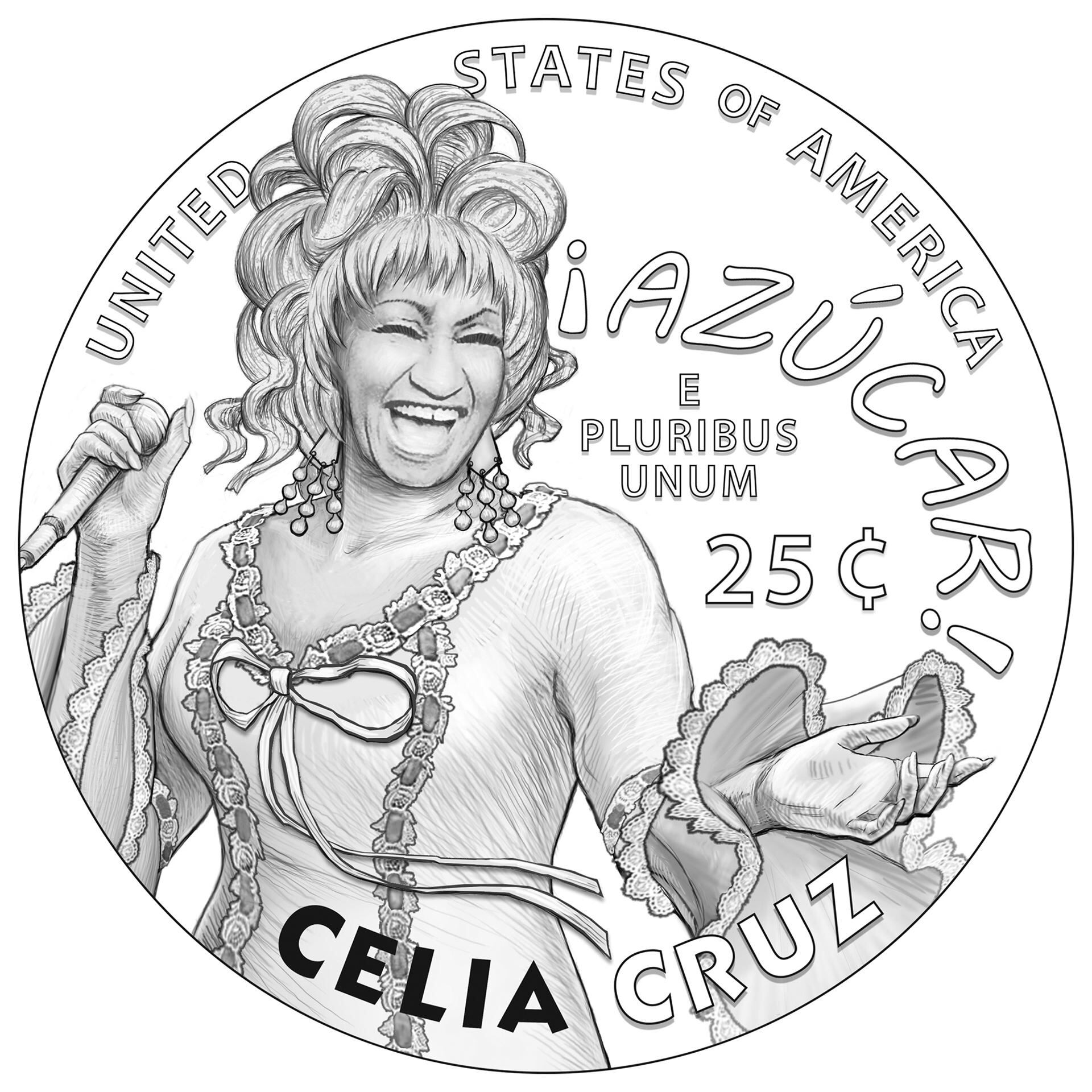 Ese es el diseño de la nueva moneda de 25 centavos con la figura de Celia Cruz (Foto: Casa de la Moneda de los Estados Unidos)