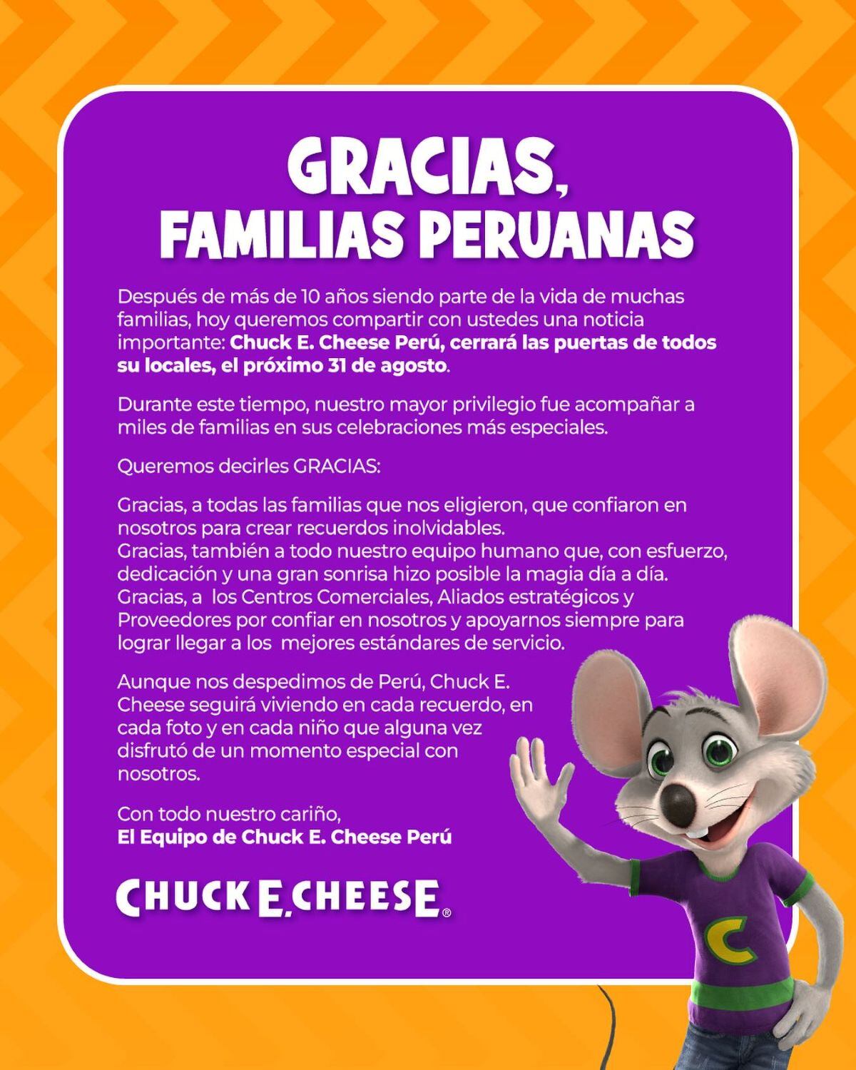 Comunicado de Chuck E. Cheese. Foto: Facebook.