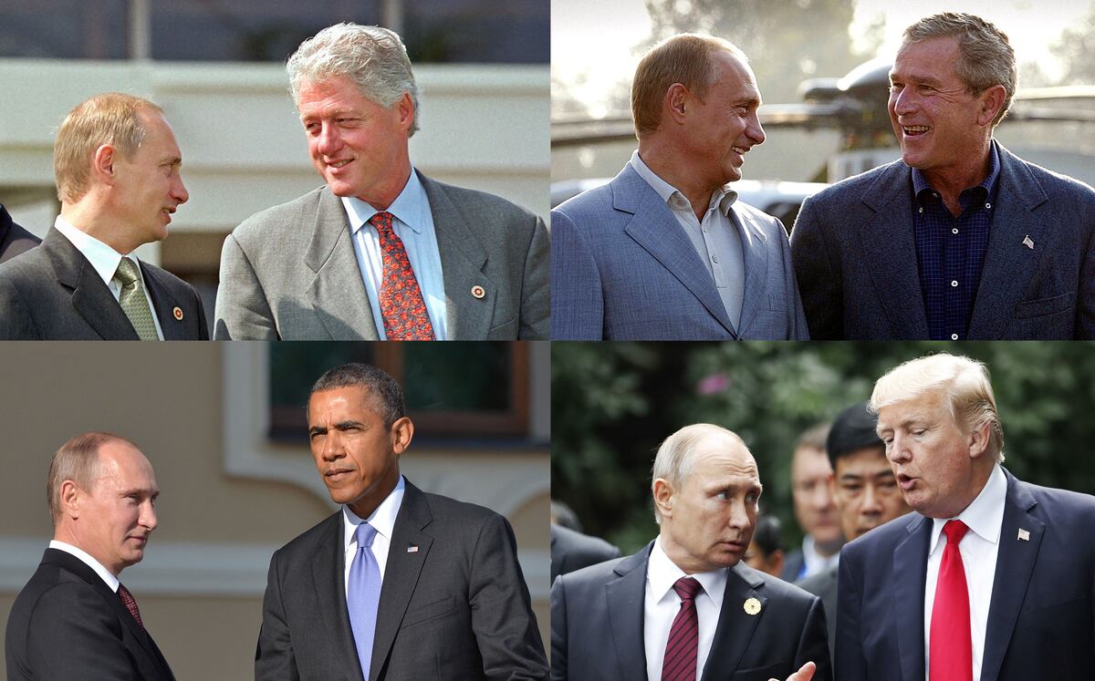 El presidente ruso Vladimir Putin a través de los años junto a los exmandatarios estadounidenses Bill Clinton (2000), George W. Bush (2003), Barack Obama (2013) y Donald Trump (2017). AFP