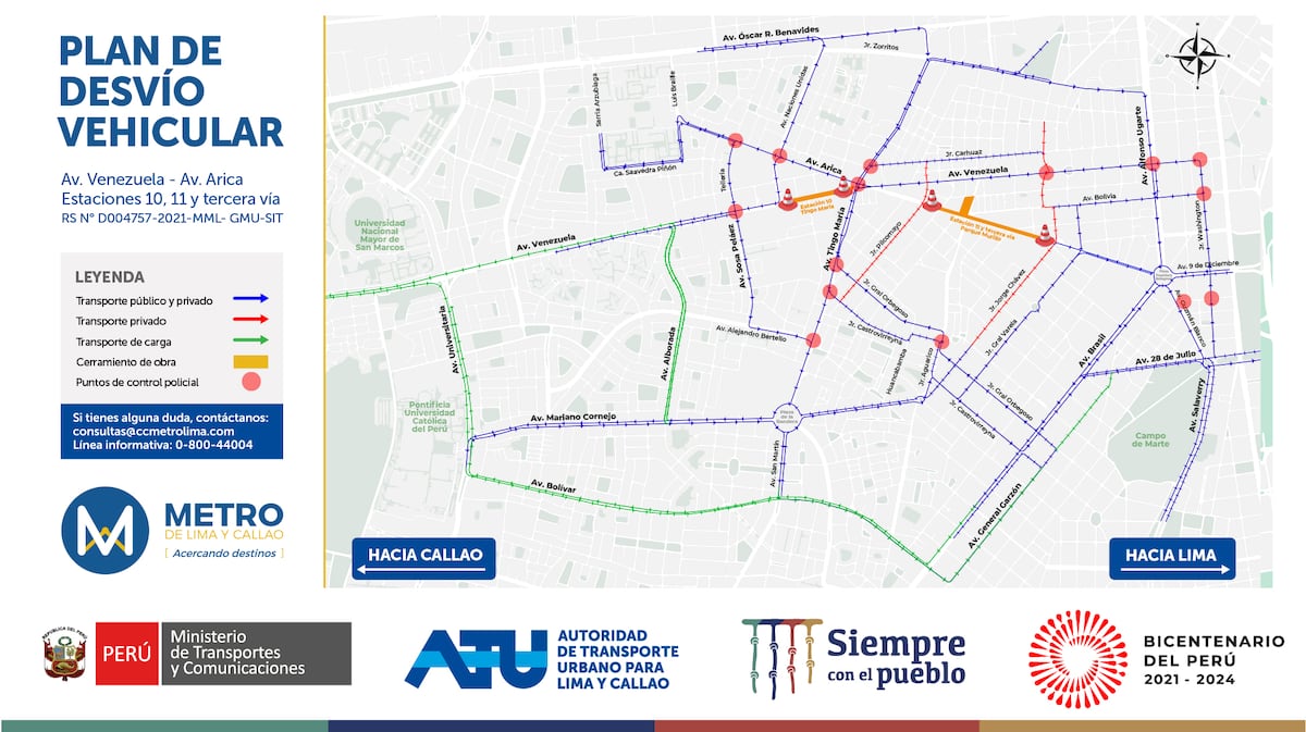 Plan de desvío en la av. Venezuela por trabajos de construcción de la Línea 2 del Metro.