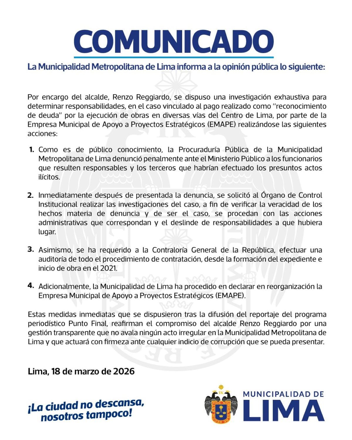 Comunicado de la MML. Foto: X.