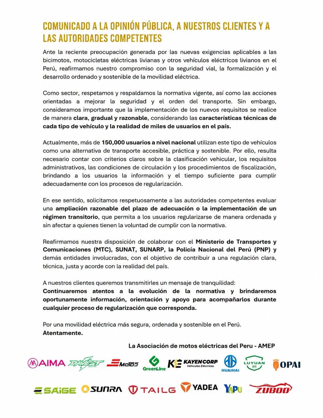 Comunicado de La Asociación de Motos Eléctricas del Perú (AMEP)