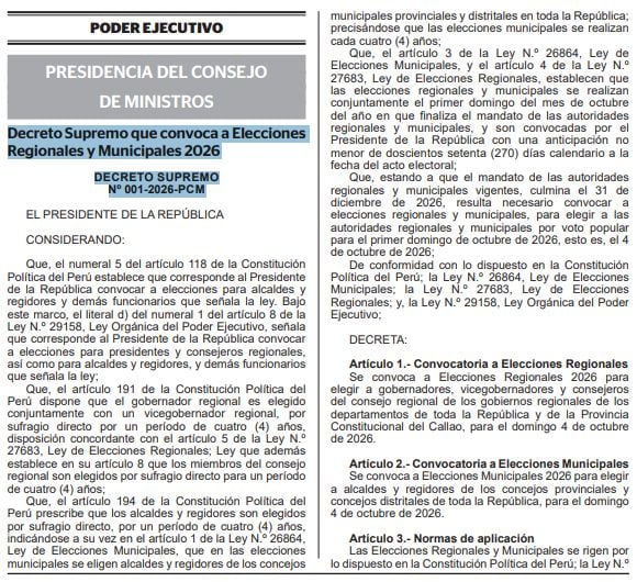 José Jerí convoca a Elecciones Regionales y Municipales para el 4 de octubre del 2026.