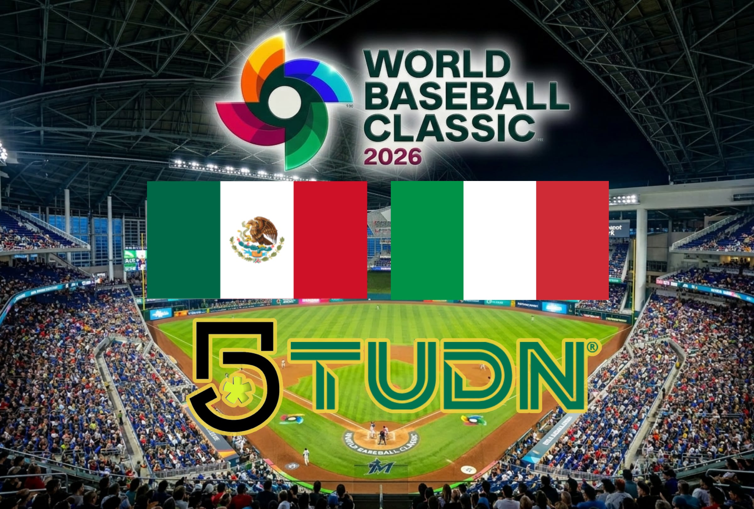 HOUSTON, TEXAS (ESTADOS UNIDOS), 11/03/2026.- Cobertura oficial de TUDN y Canal 5 EN VIVO GRATIS para ver el juego de México e Italia este miércoles 11 de marzo por la quinta entrada del Grupo B en el Clásico Mundial de Béisbol 2026. FOTO CREADA POR NOÉ YACTAYO CON PERPLEXITY AI PARA GESTIÓN MIX