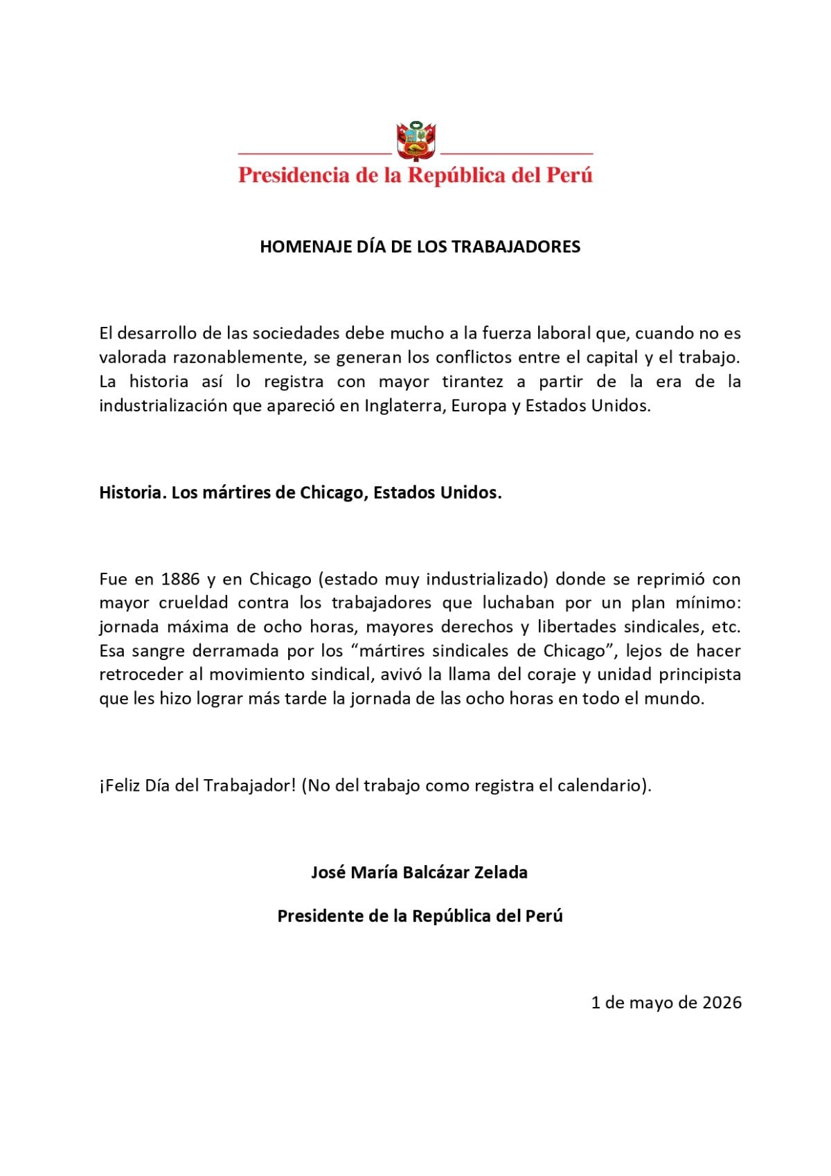 Comunicado de Presidencia. Foto: Facebook.