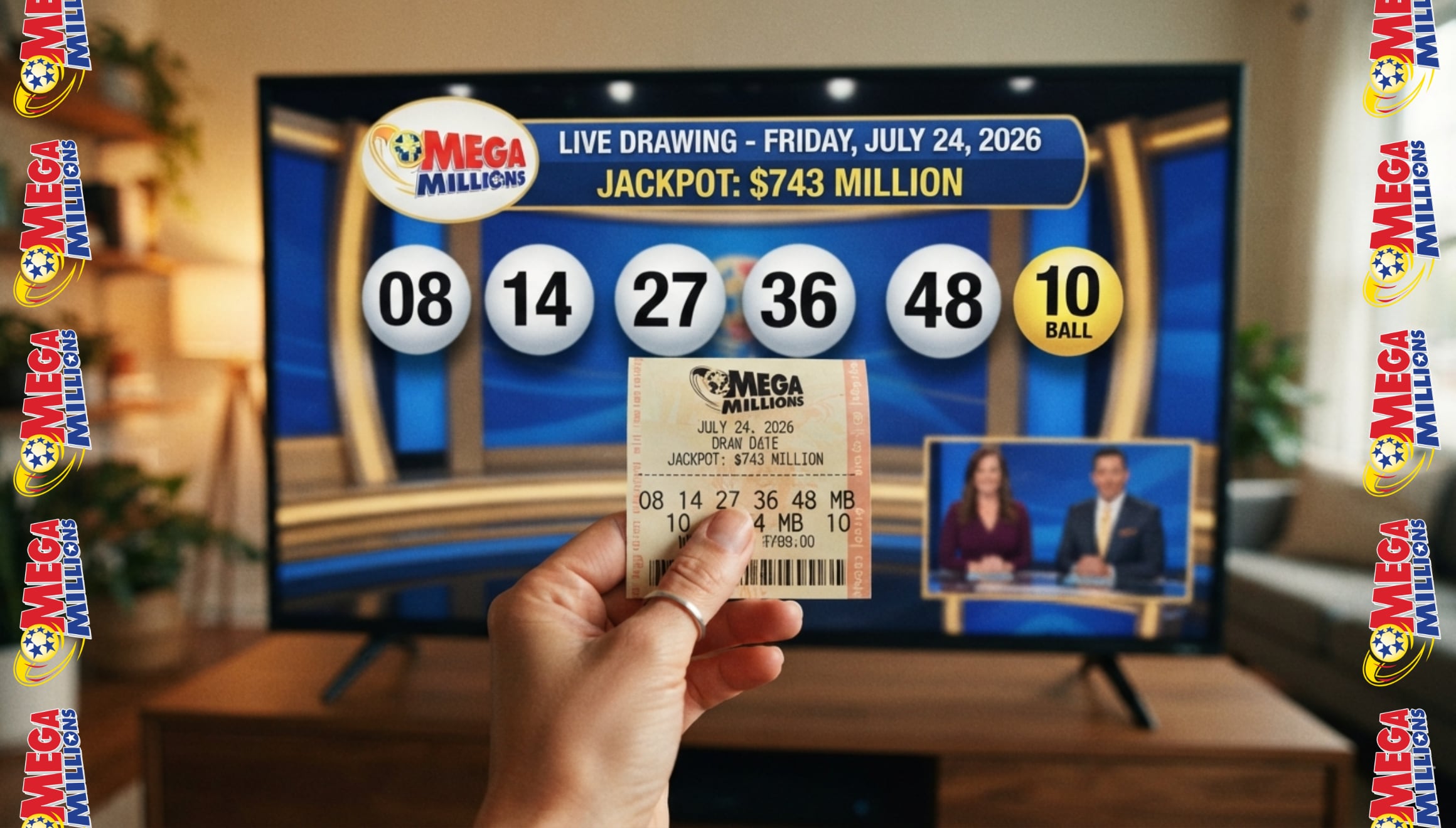 Boletos impresos del Mega Millions listos para la extracción en vivo de este viernes 24 de julio de 2026. El sorteo oficial en Estados Unidos acumula una bolsa estimada de 743 millones de dólares para el ganador absoluto. | Imagen creada por Gestión Mix utilizando la IA de Gemini / Composición GEC