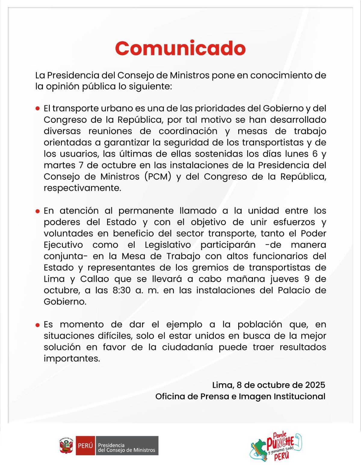 Comunicado de la PCM. Foto: X.