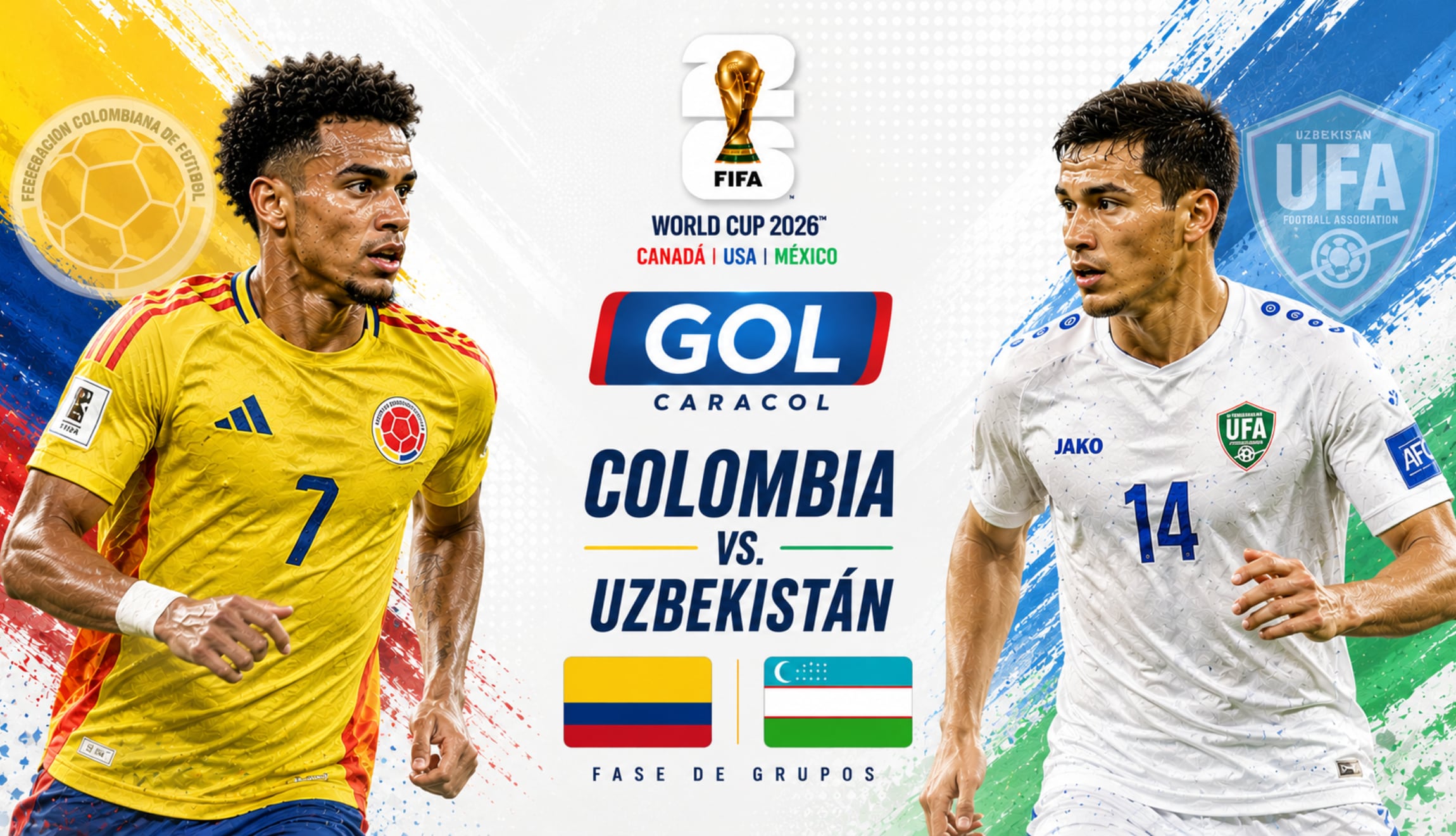 Transmisión de GOL Caracol para seguir el partido de Colombia vs. Uzbekistán en directo, este miércoles 17 de junio, por la Jornada 1 del Mundial de Fútbol 2026. (Foto: Imagen creada por Gestión Mix utilizando la IA de Chat GPT)