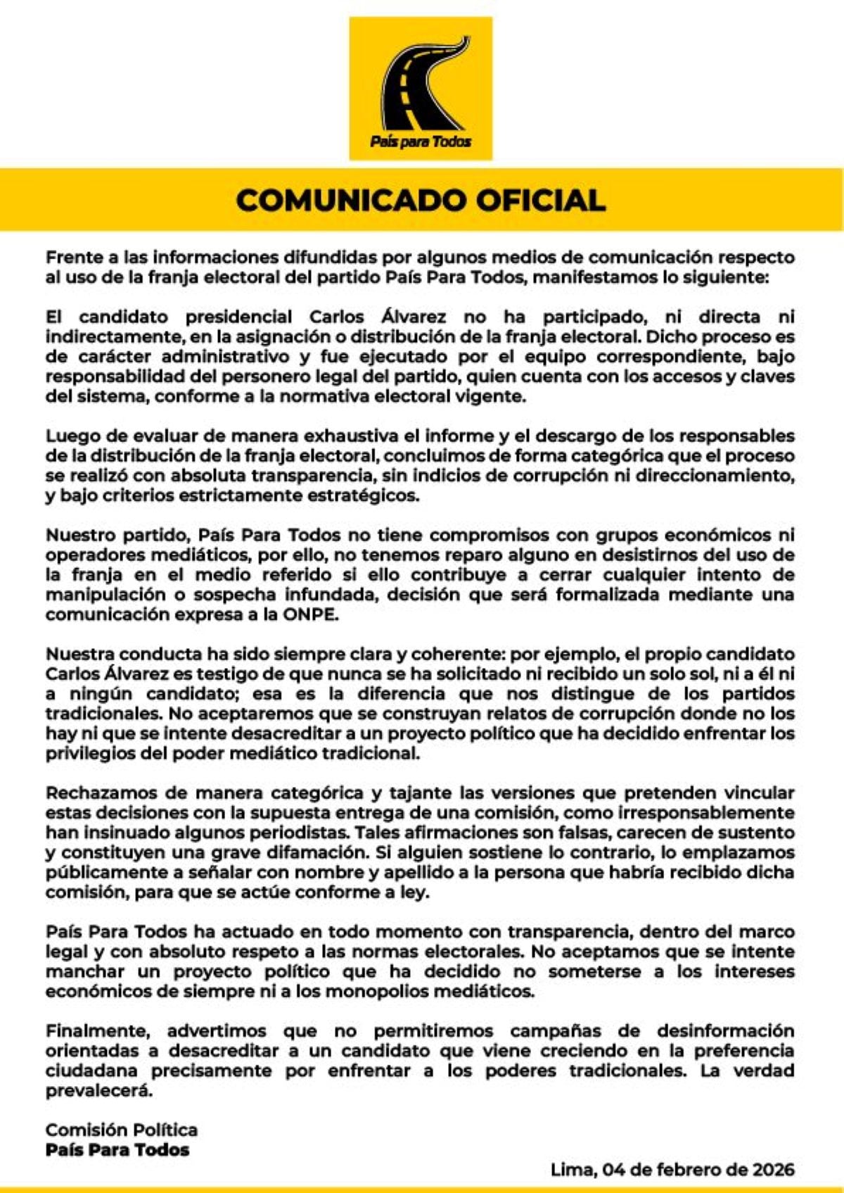 Comunicado de País para Todos. Foto: Facebook.