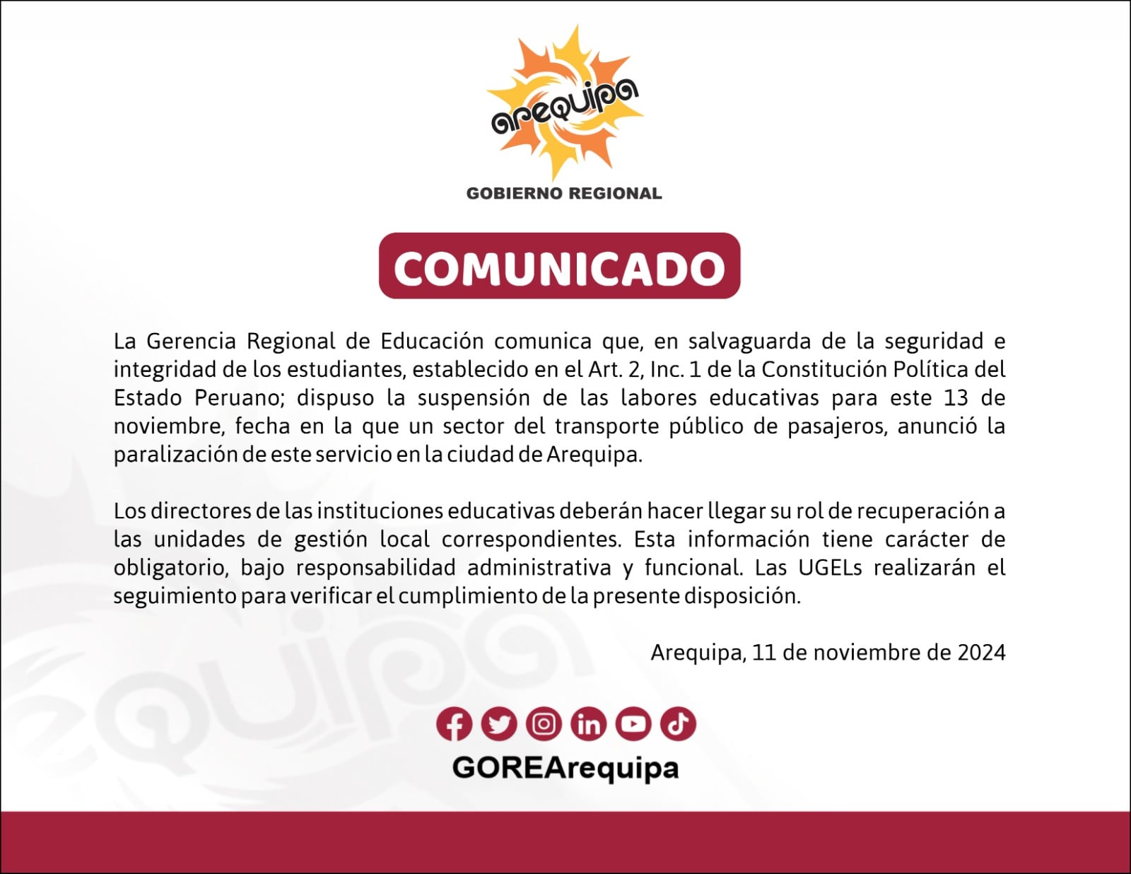 Comunicado de la Gerencia Regional de Educación de Arequipa. Foto: GREA