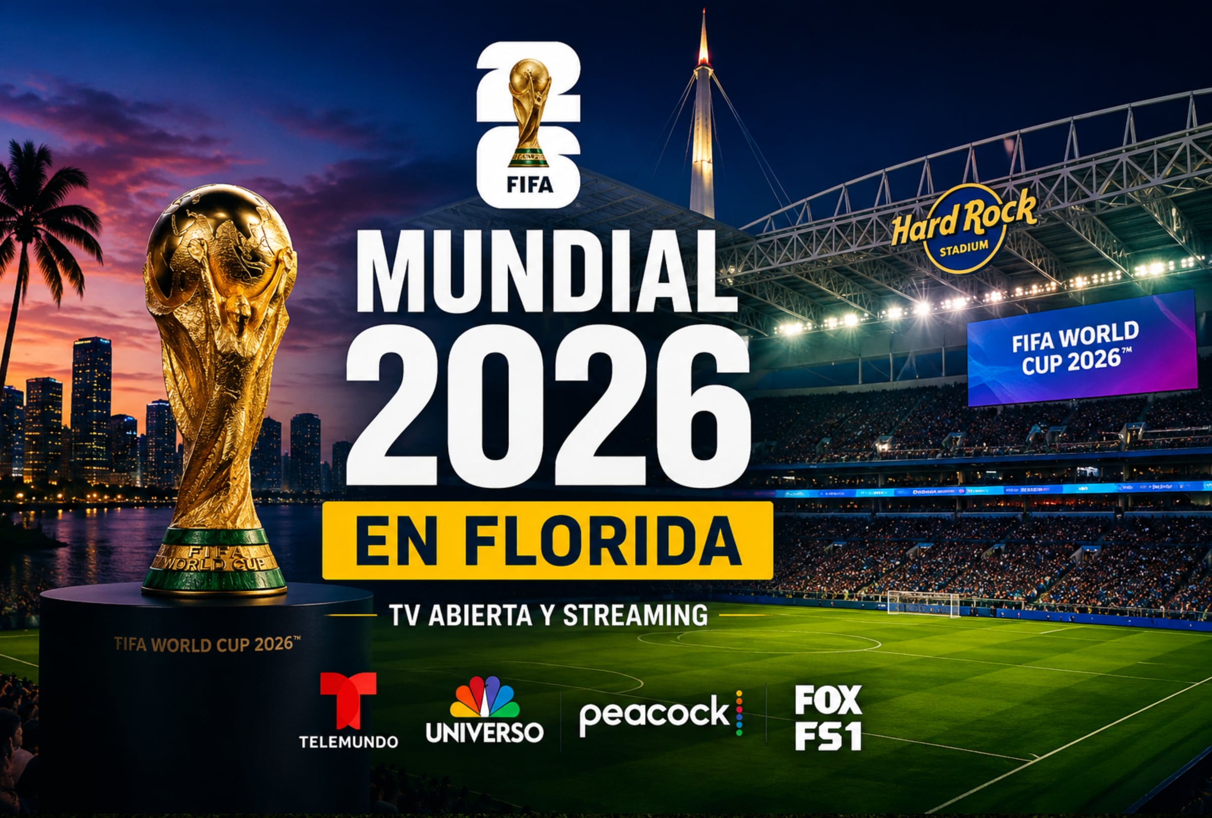 MIAMI, FLORIDA (ESTADOS UNIDOS), 11/06/2026.- ¿Vives en Florida y quieres ver el Mundial 2026? Aquí encontrarás canales de TV abierta, opciones en Telemundo, Peacock, FOX Sports y horarios de partidos. FOTO DE NOÉ YACTAYO PARA GESTIÓN MIX SPORTS