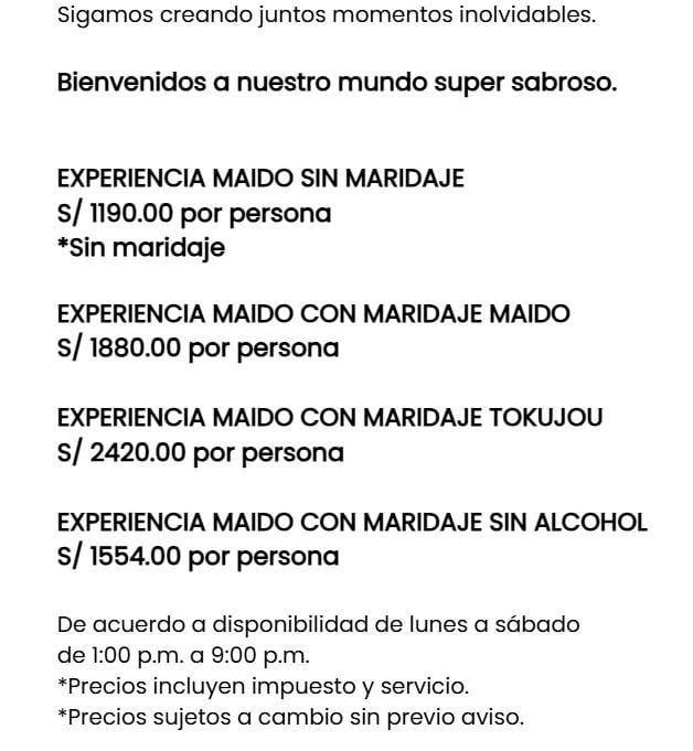 Lista de precios para el restaurante Maido.
