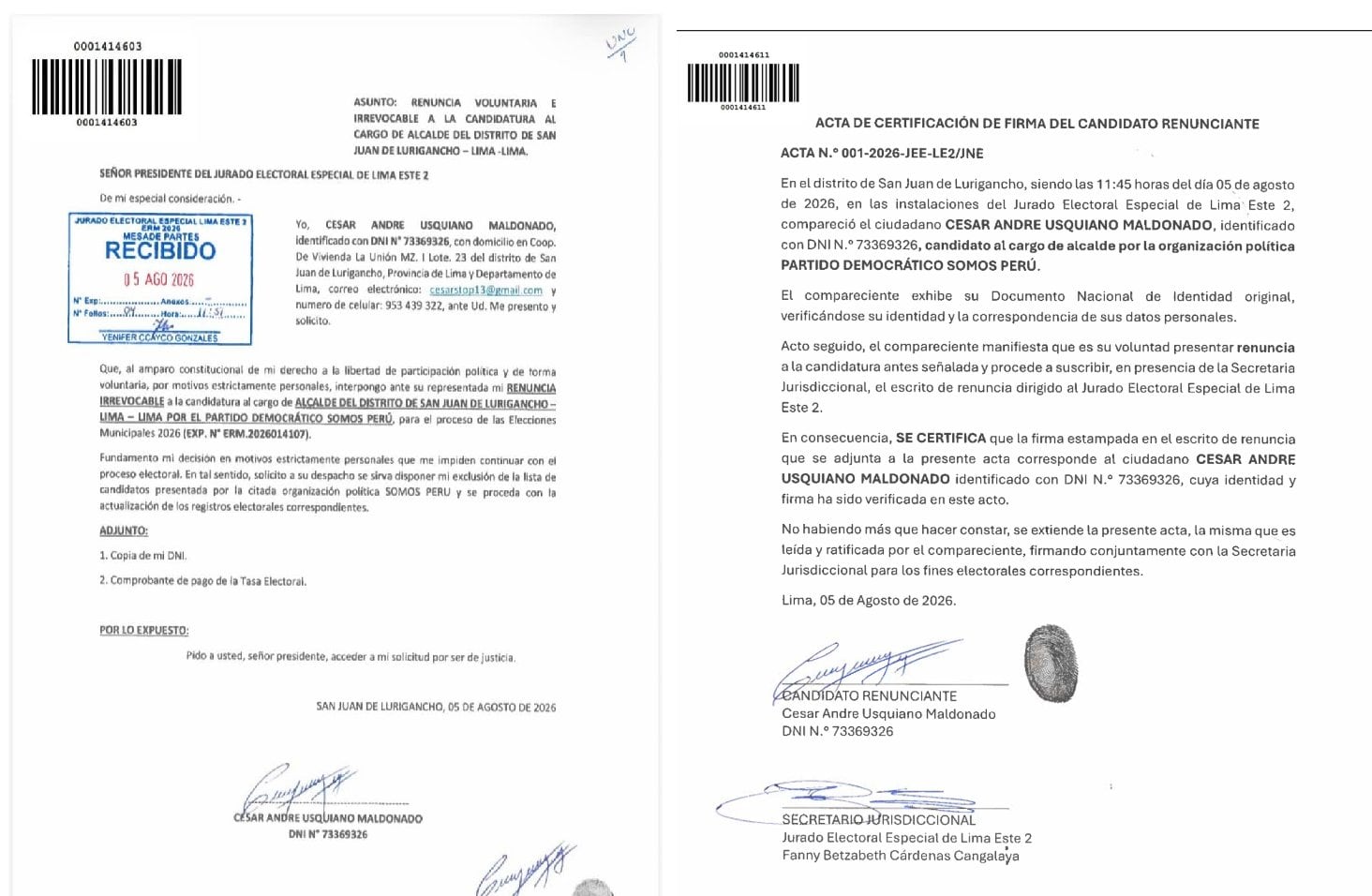 Renuncia candidato a la alcaldía de SJL y Jesús Maldonado queda como principal figura de la lista. Foto: Jurado Electoral Especial Lima Este.