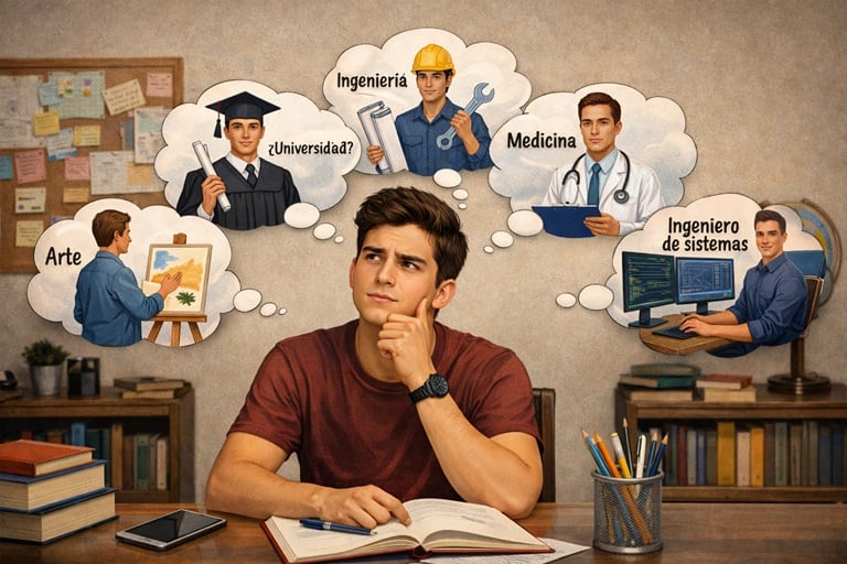 Imagen referencial de un joven evaluando qué carrera profesional estudiar. Fuente: Chatgpt.