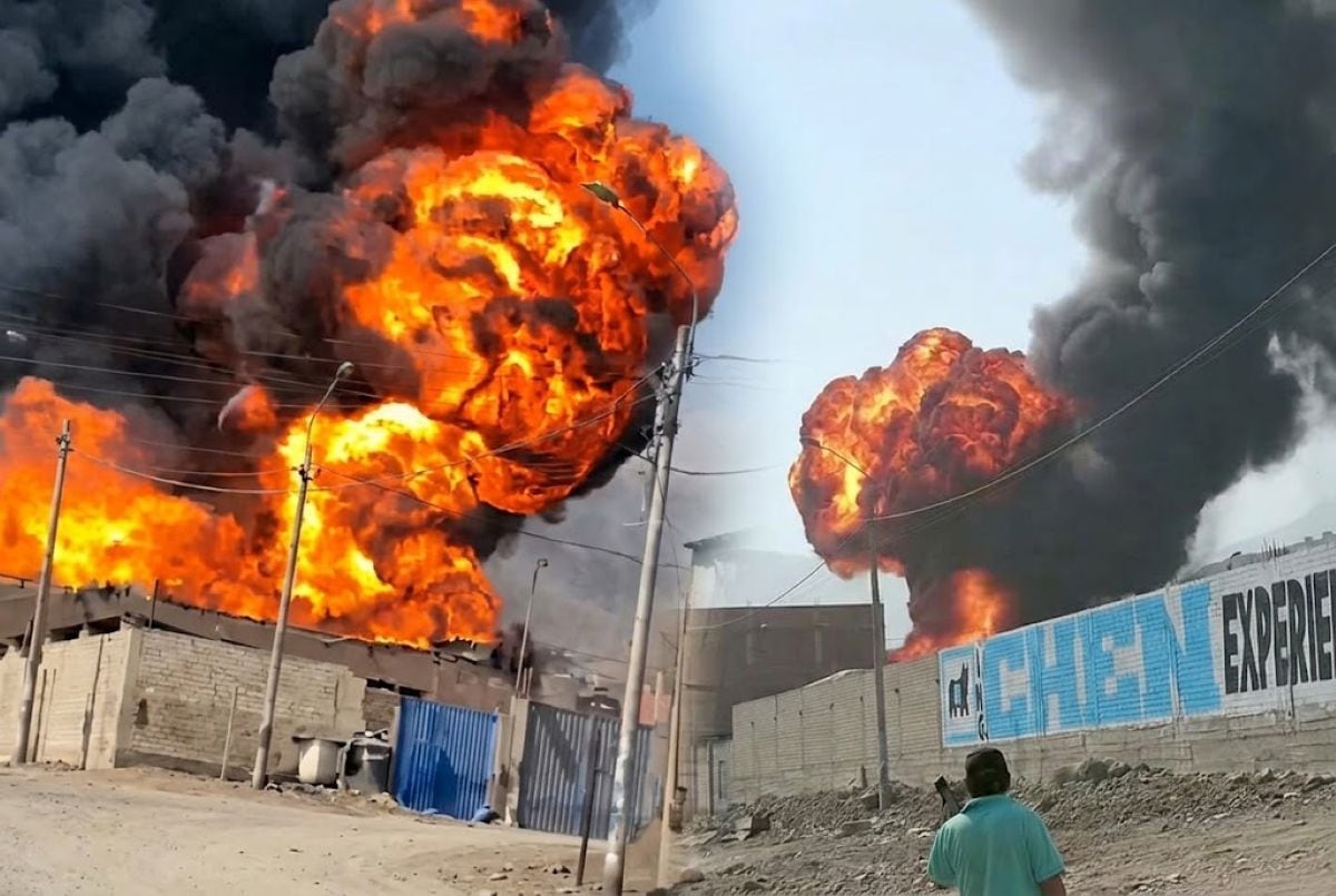 Bomberos movilizaron 10 unidades para atender el incendio registrado en un depósito de tíner en Jicamarca. Foto: X.